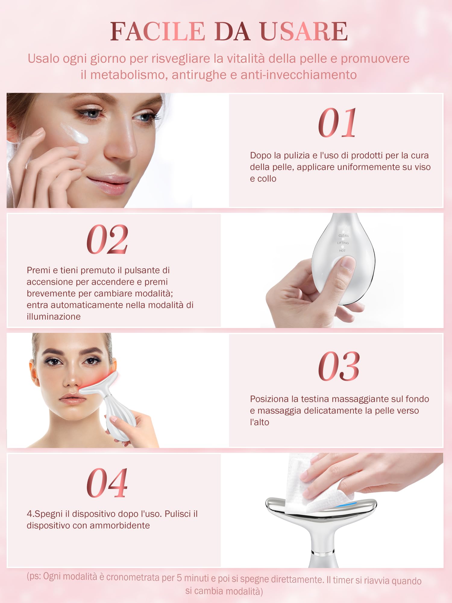 Massaggiatore Viso Antirughe Lifting Elettrico: Face Antirughe Dispositivo Viso EMS Lifting Massaggiatore con Impacco Caldo a 42°C Terapia Lifting con 3 Modi LED e Base