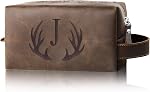 Sac de toilette personnalisé pour les hommes Lettre initiale PU Sac à raser imperméable en cuir pour les articles de toilette Accessoires Voyage Essentiels Sacs de rangement Pères Jour Cadeaux d'anniversaire pour les hommes, Dark