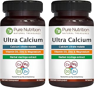 Pure Nutrition Ultra Calcium 1000mg with VIT D3 + K2 | 180 Tabs (90 X Pack of 2) | Calcium Supplement with Calcium Citrate Malate, VIT D3, K2, Moringa Oleifera, Magnesium and Zinc.