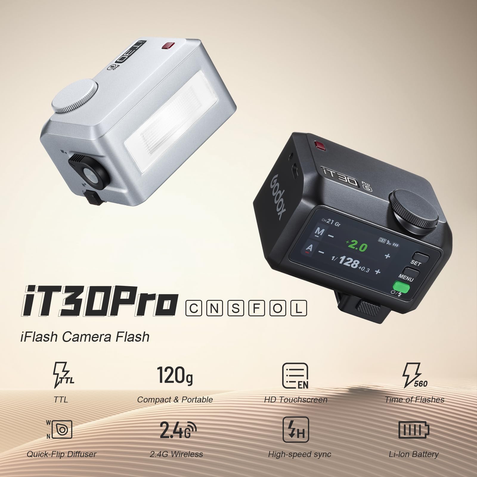 Godox iT30Pro-L iT30Pro L Mini Flash para Cámara con difusor Blanco Compatible con Speedlite560 Modo Maestro y Receptor Inalámbricos TTL 2.4 GHz y Pantalla Táctil para Cámaras DSLR de Leica (Negro)