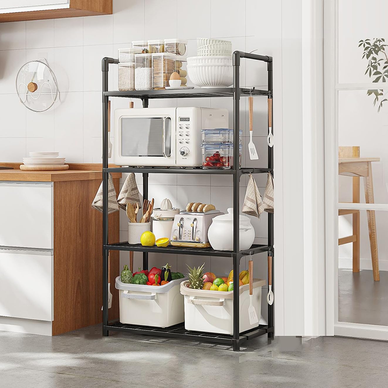 キッチンラック レンジラック キャビネット付き 4段 オープンラック 食器棚 キッチンラック レンジラック キャビネット付き 4段 オープンラック
