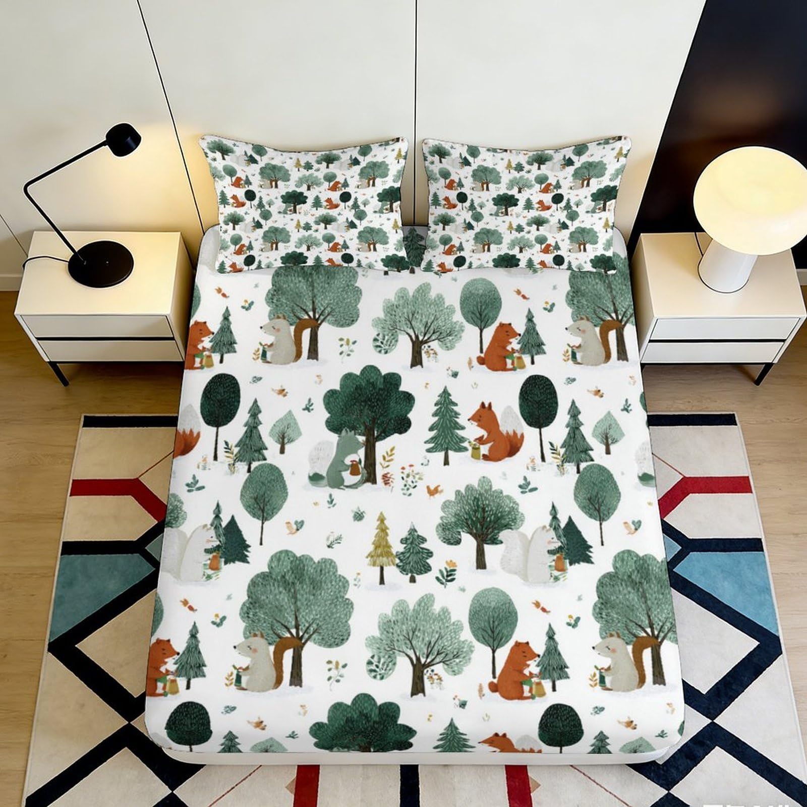 3D Printed Woodland Animals Fitted Sheet Microfiber Soft Breathable Forest Trees Bed Cover for Bedroom Dormitory Guest Room Mattress Protection Decor 120x200x25cm