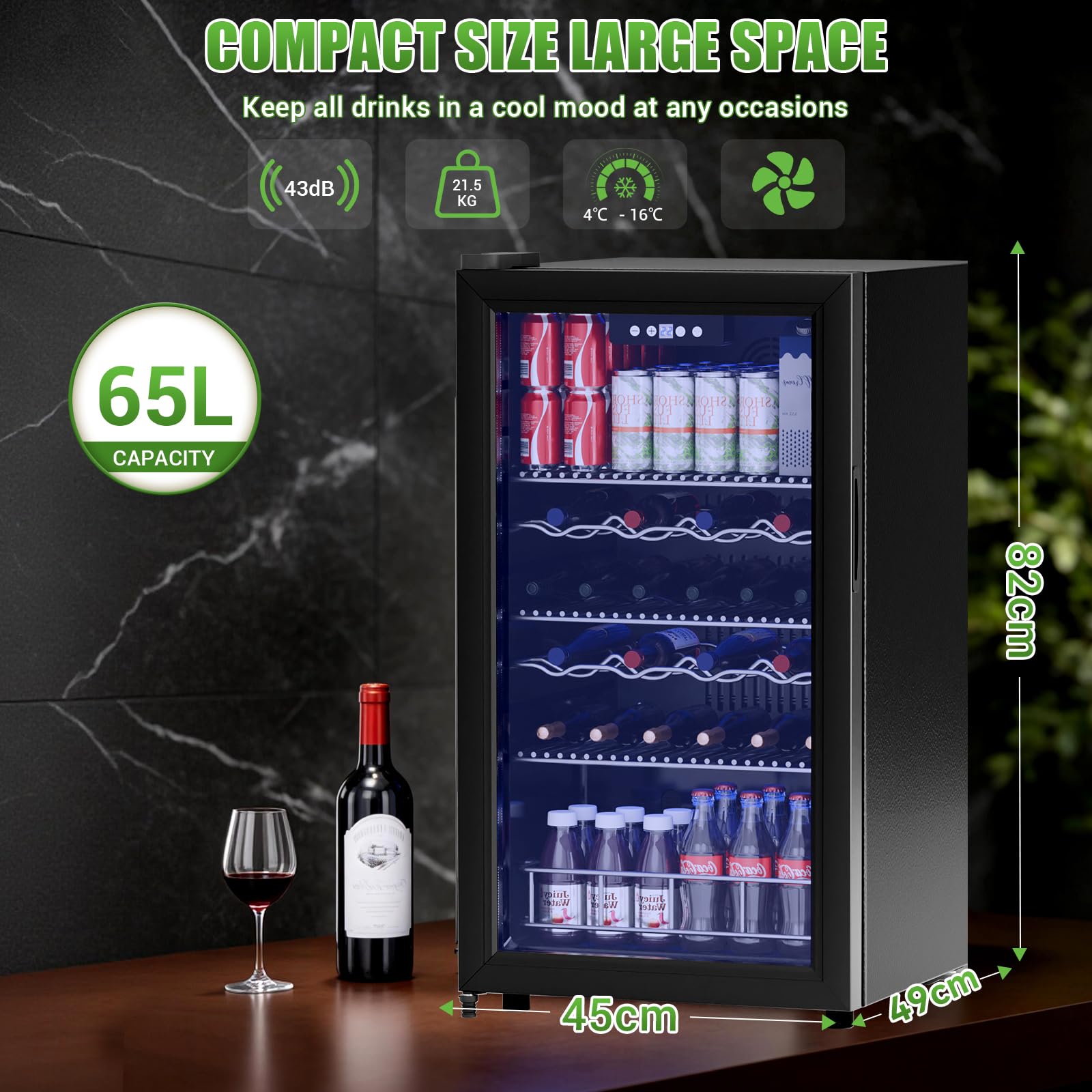 Getränkekühlschrank 65L – Mini Kühlschrank mit Glastür für 92 Dosen, freistehend, 43 dB leise, LED, Bierkühler für Büro, Zimmer & Bar, Schwarz
