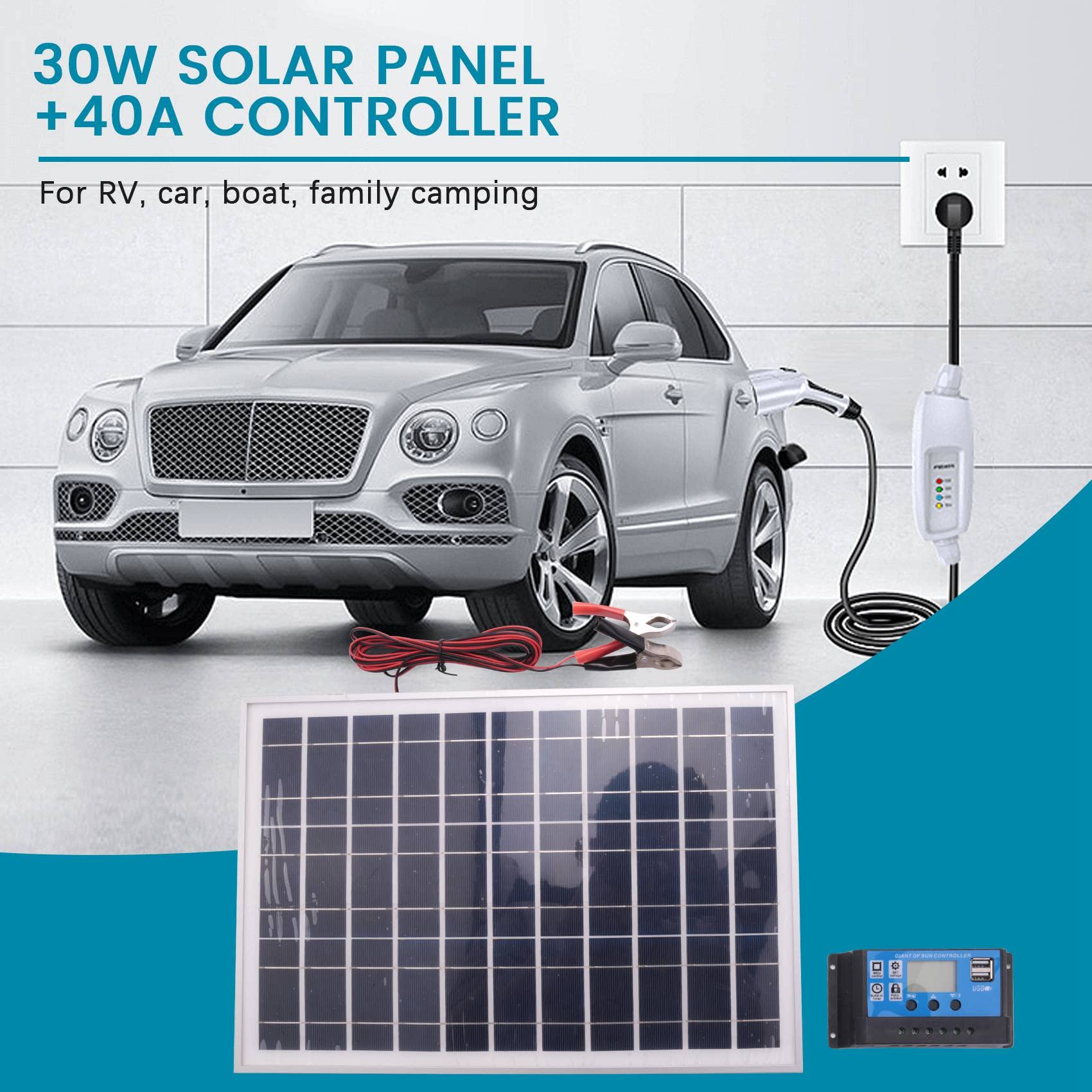 Barabesty Caricabatteria da Pannello Solare da 30W 12V + Controller 40A per, Barca, Casa,