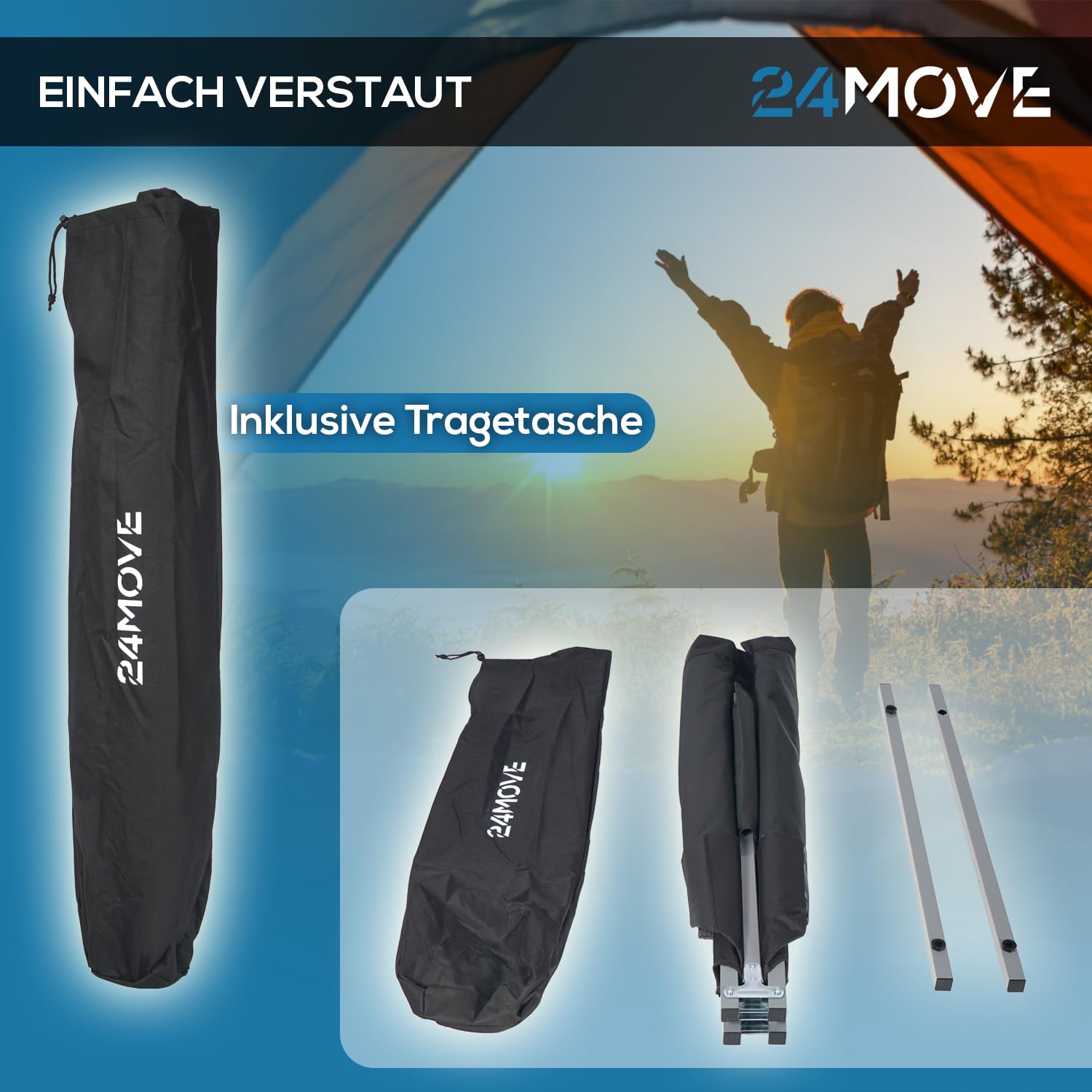 24MOVE® Feldbett Campingbett bis 200 kg In-und Outdoor Camping faltbar, 210 x 72 x 45cm, tragbar mit Tasche, für Garten oder Reisen