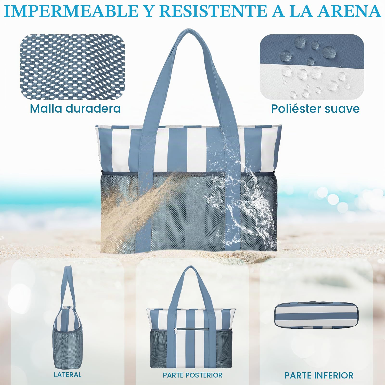 VASCHY Bolso Playa Mujer Grande XXL Familiar de Malla Plegable 21L | Bolso Tote Impermeable,Multibolsillos,Resistente a la Arena,Bolsillo Independiente Con Cremallera Impermeable,37.5×15×37.5CM