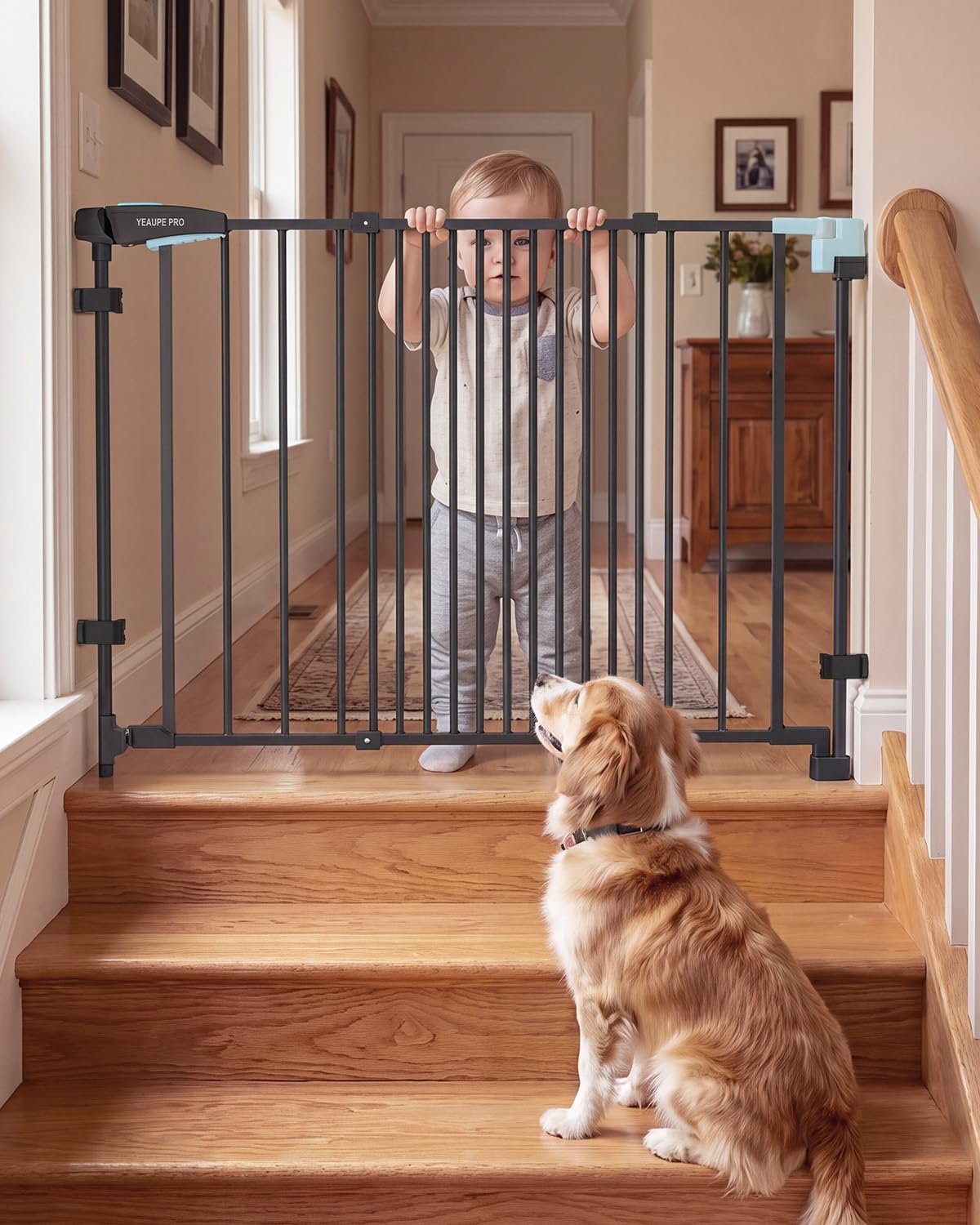 YEAUPE PRO Griglia di protezione per scale senza foratura, per bambini, 75 – 110 cm, telescopica, griglia di protezione per scale e porte, griglia di protezione per porte e cani, apertura manuale a 1