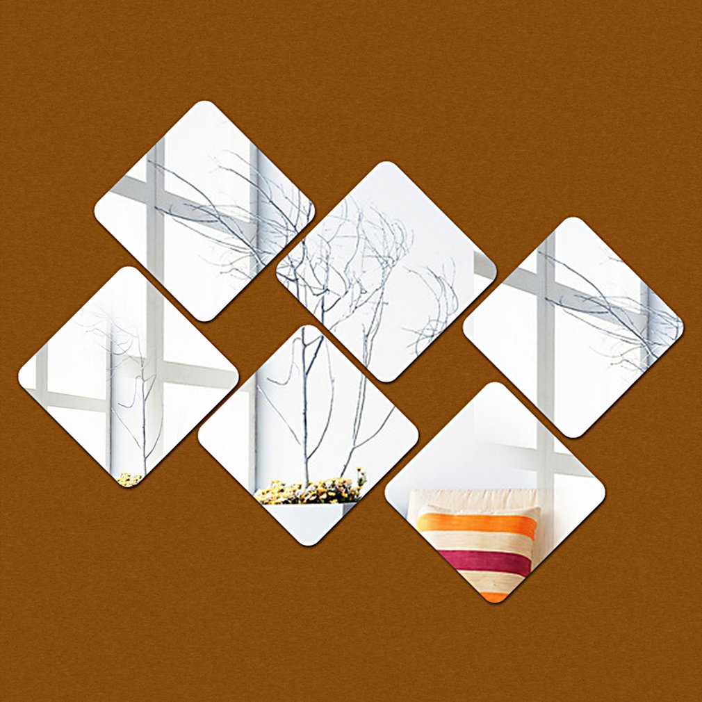 HappyTie Black Gold Silver Red Rounded Rhombuses 3D Acrylic Mirror Wall Stickers, Silver