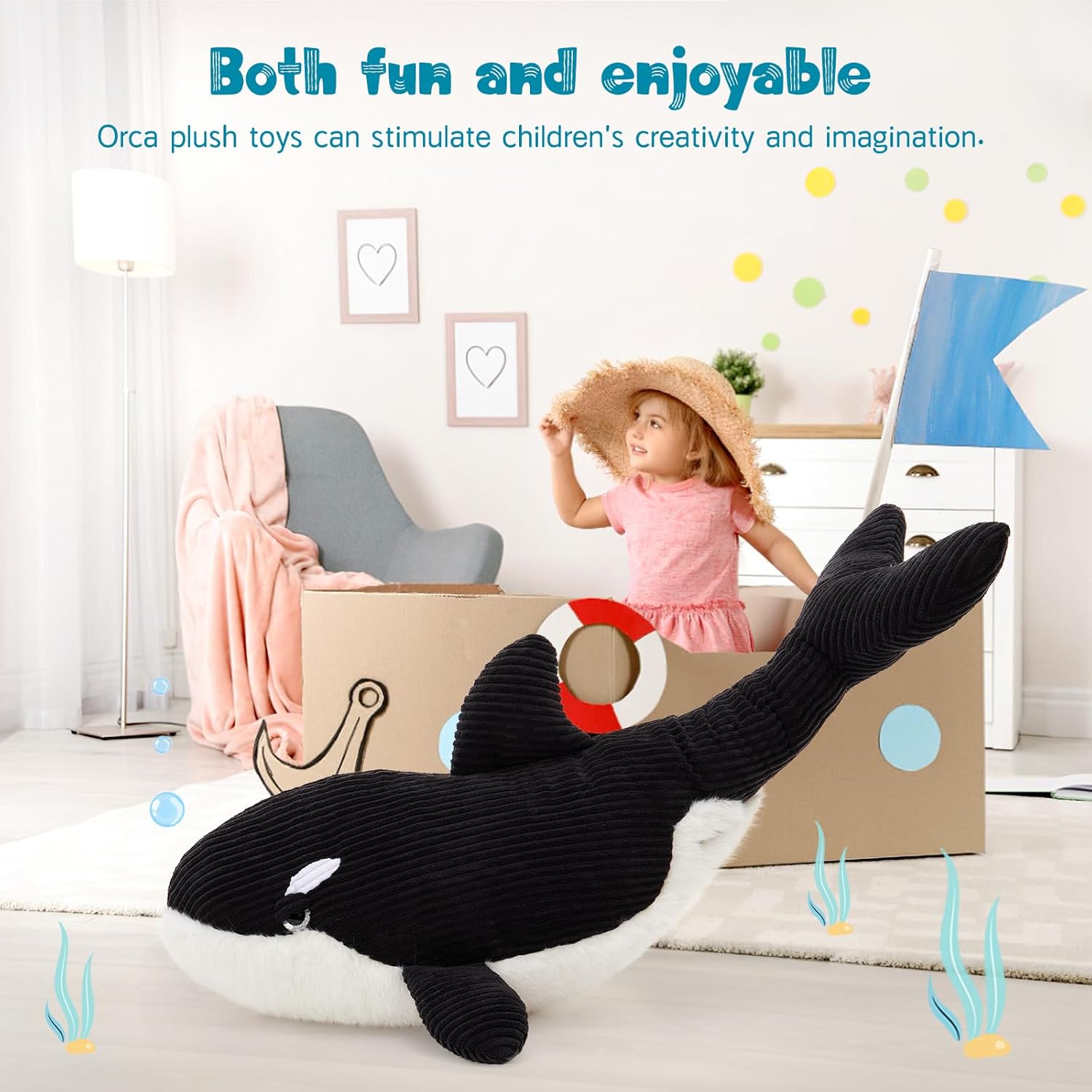 MorisMos Giant Orca Stuffed Animal,47" Plush Orca Whale Toy for Kid/Adult,4ft Realistic Large Killer Whale Stuffed Animal Decor,Big Blackfish Ocean/Sea Animal Gift for Marine Creature Lover,Passed CPC