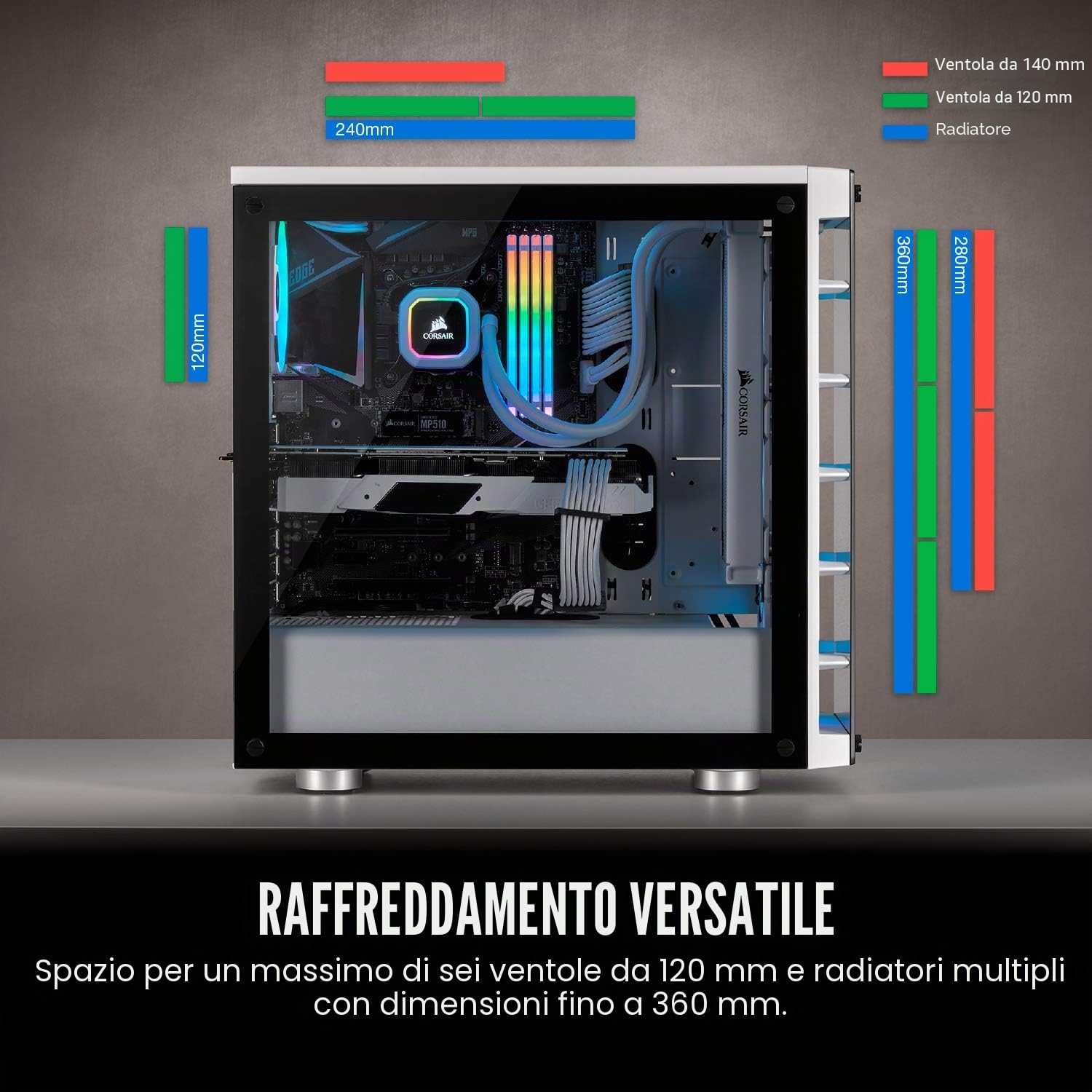 Corsair iCUE 465X RGB Vetro Temprato Smart Case Mid-Tower ATX, Pannelli Laterali e Anteriore in Vetro Temprato, Tre Ventole LL120 RGB Incluse, Opzioni Versatili di Raffreddamento, Bianco