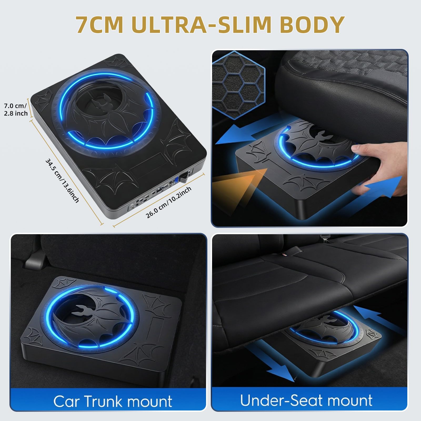 CAMECHO 10 Pollici 1200W Subwoofer per auto con sedile sotterraneo, invertitore di fase 180 °, basso profondo 12dB, filtro passa-basso 50Hz-150Hz, subwoofer audio per auto 10V-15V
