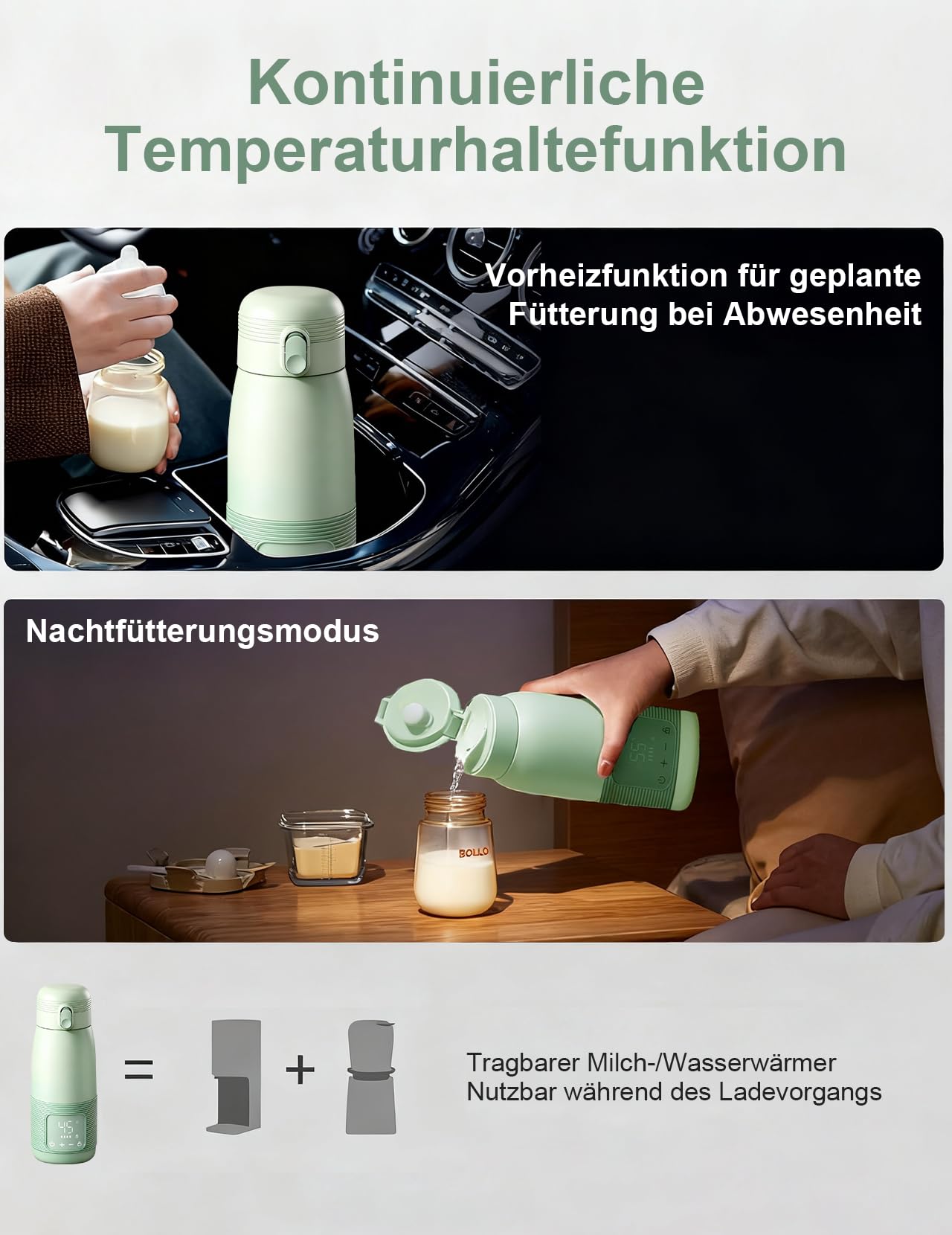 Tragbarer Flaschenwärmer, 500ml Flaschenwärmer Baby Unterwegs Präzise Temperaturkontrolle 37 Bis 55 Grad Einstellbar für Reisen Nachtfütterung (Grün)