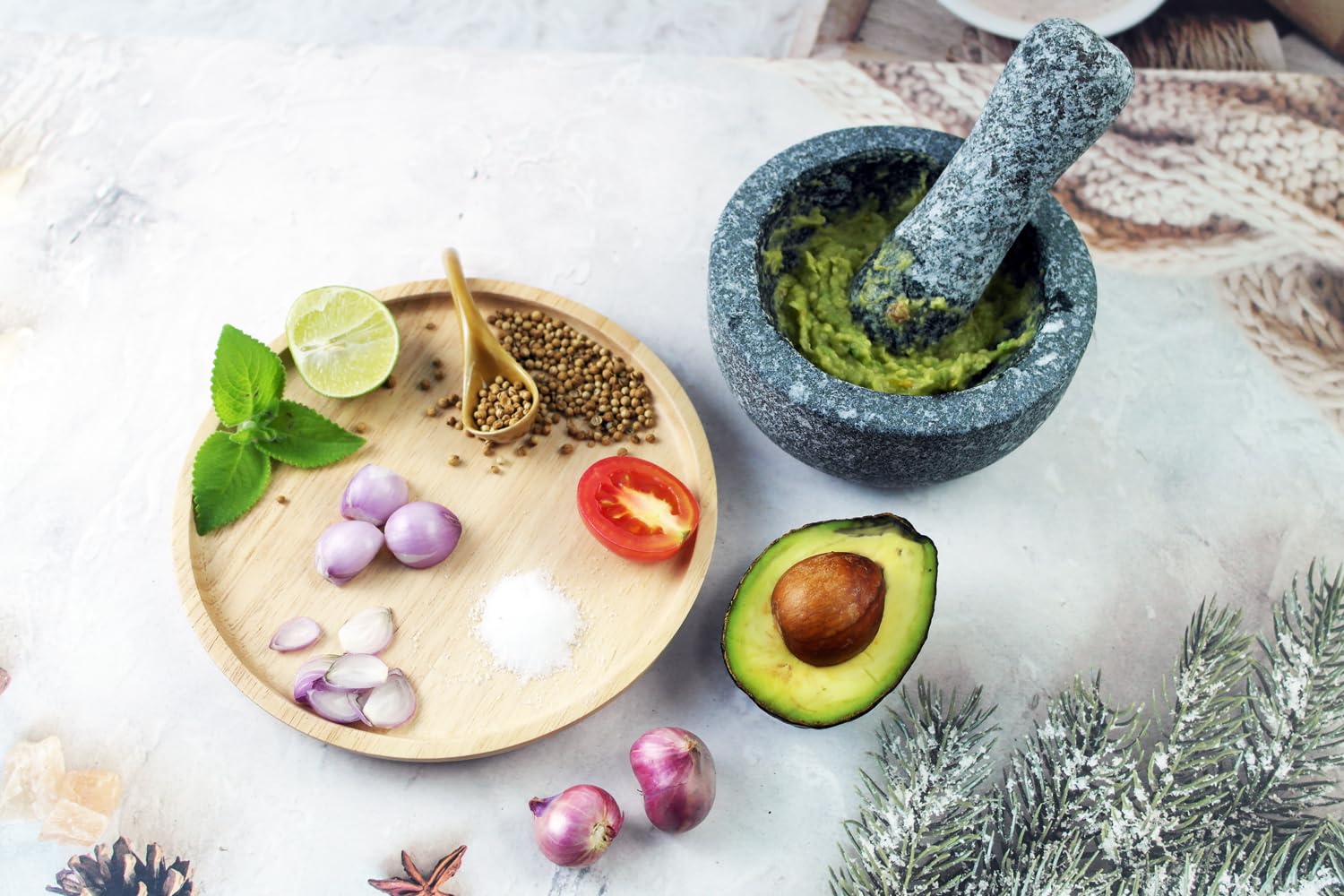Juego de molcajete de piedra natural de 12,7 cm, capacidad de 1,5 tazas: 12,5 cm, mortero y mortero de granito para guacamole, molinillo para especias, condimentos, hierbas, especias, ajo, cocina,