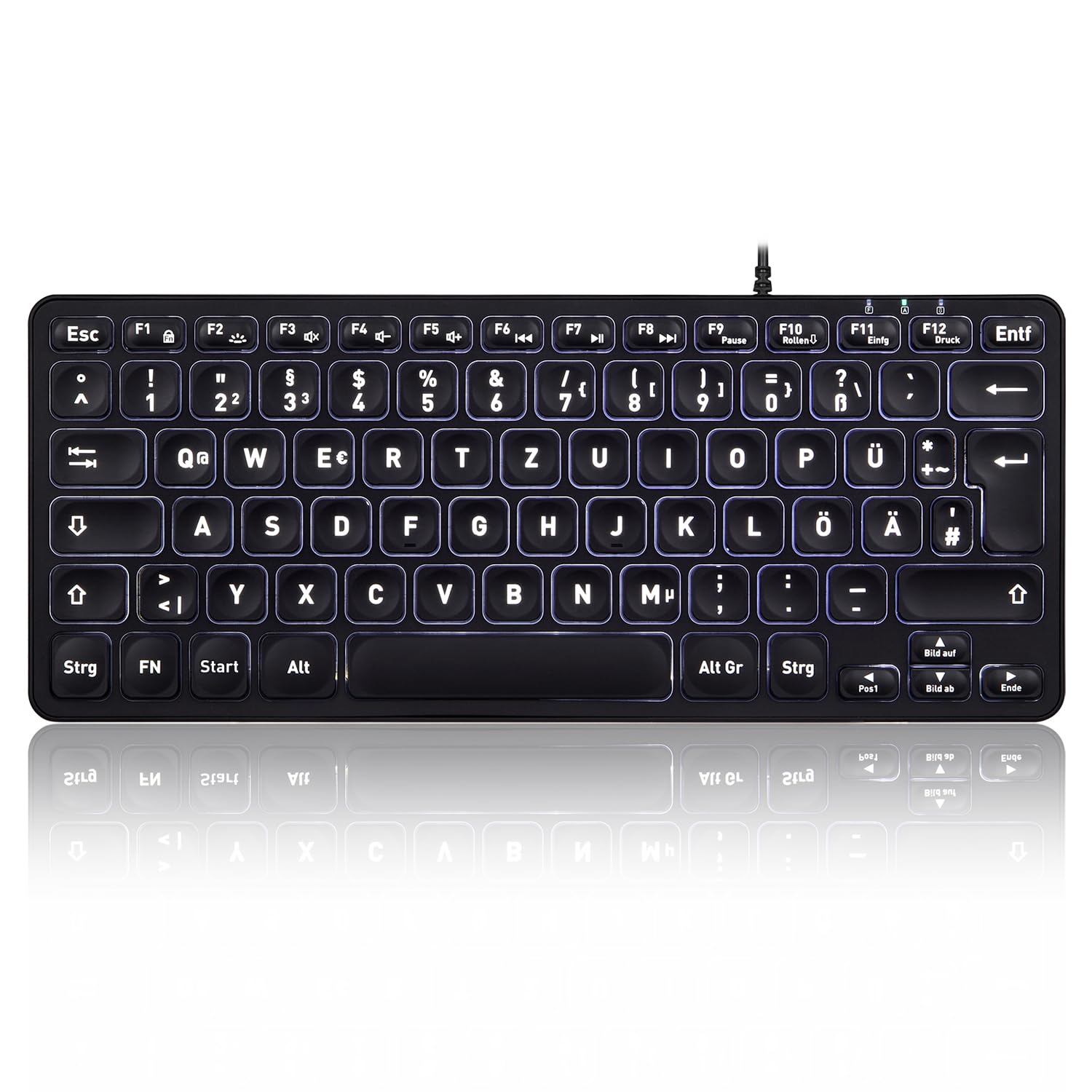 Perixx PERIBOARD-332 Mini USB Wired Keyboard Backlit Slim Design with Large Font Keys, Flat Keys with White LED, German QWERTZ Layout