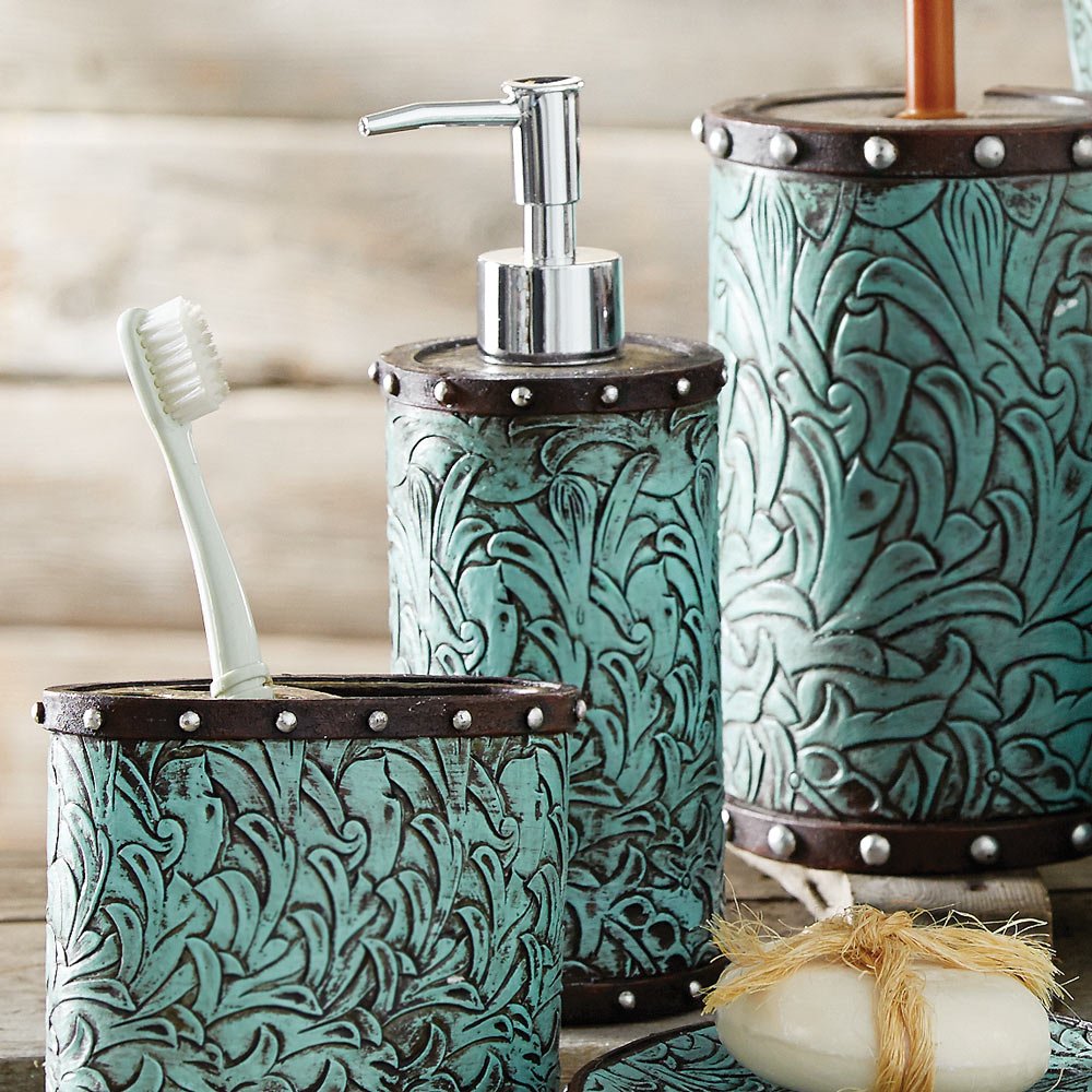 Tooled Turquoise Flowers Lotion Dispenser