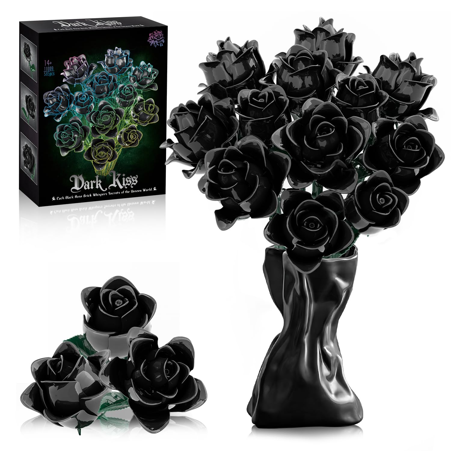 Mavo brix Set de Ramo de Rosas Negras, Colección Botánica de Flores Artificiales para Adultos, Decoración Gótica para el Hogar Mujeres y Niñas, 585 Piezas