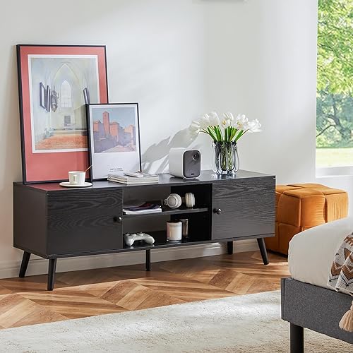 Miniatura 7 de Sweetcrispy Soporte de TV para TV de 55 y 60 pulgadas, moderno centro de entretenimiento de mediados de siglo con almacenamiento, mesa consola