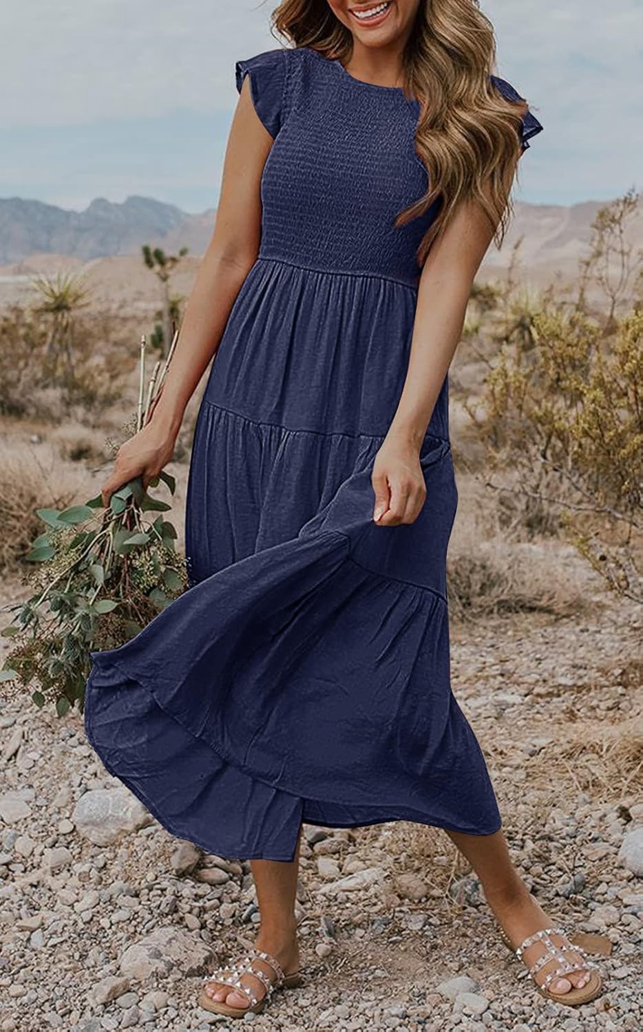 MEROKEETY Women's Flutter Short Sleeve Smocked Midi Dress Summer Casual Tiered A-Line Dress - Image 4