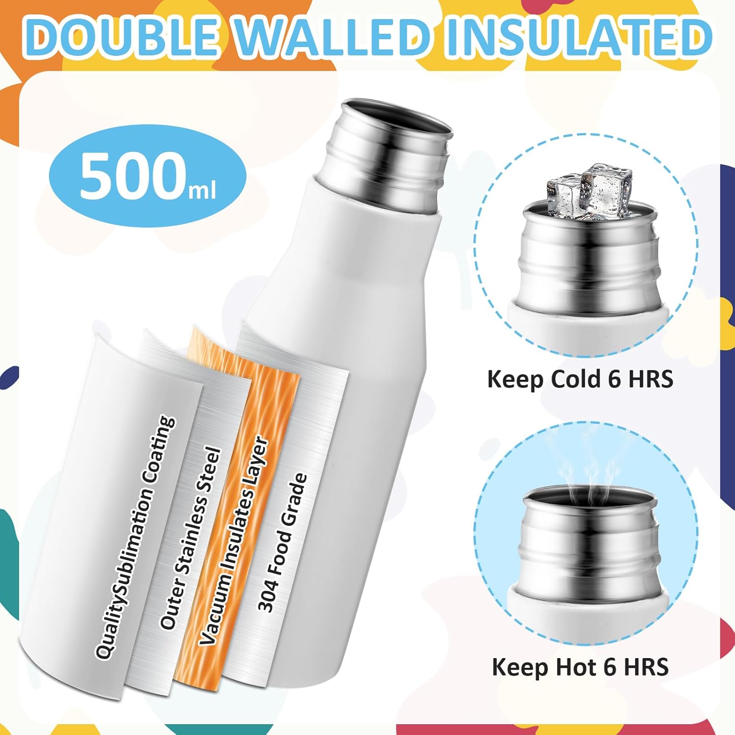 Sunnychicc 6 Pack Kids Sublimation Water Bottles 17oz Stainless Steel Tumblers Portable Handle Blank for Vinyl Projects & Heat Transfer Ideal for School, Sports, Travel, Camping - Image 3