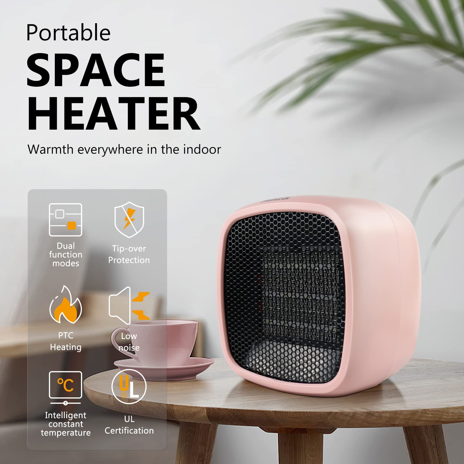Calentador eléctrico de cerámica portátil de 1000 W/800 W, calentador pequeño compacto, se calienta en 2 segundos, seguro y silencioso para oficina, habitación, escritorio, uso en interiores 2