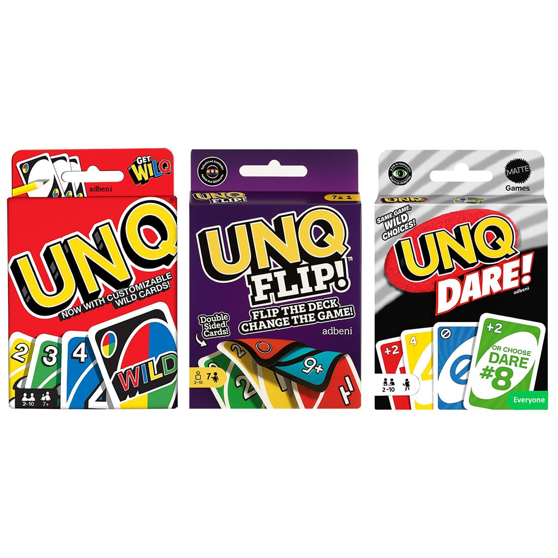 adbeni Matte UNQ Classic, FLIP & Dare | Combo Pack of 3 | Strategy, Action & Challenge Card Games for Family, Kids & Adults | Portable & Fun for Parties, Game Nights & Travel