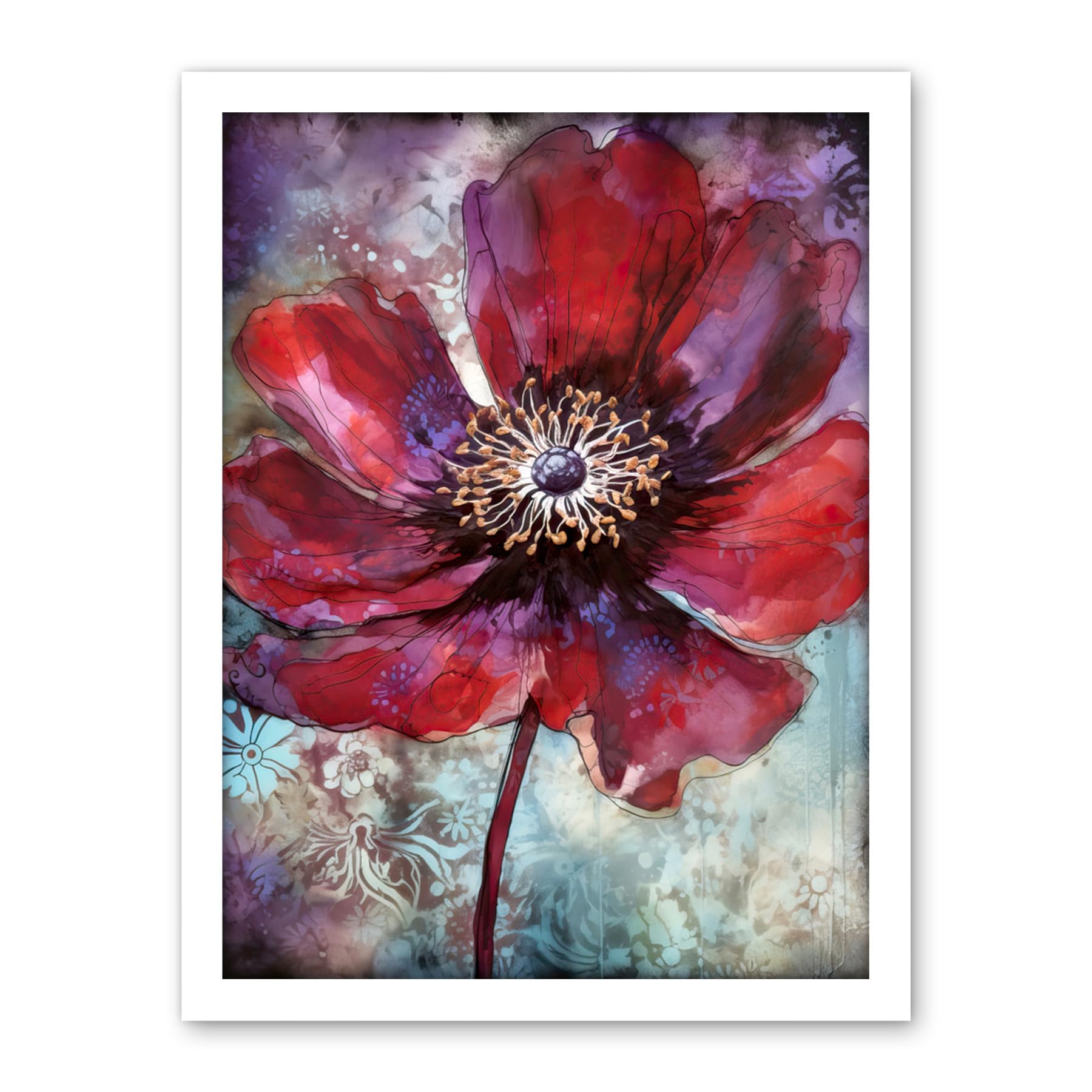 Artery8 Red Anemone Flower Bloom Watercolour Illustration Artwork Framed Wall Art Print 18X24 Inch
