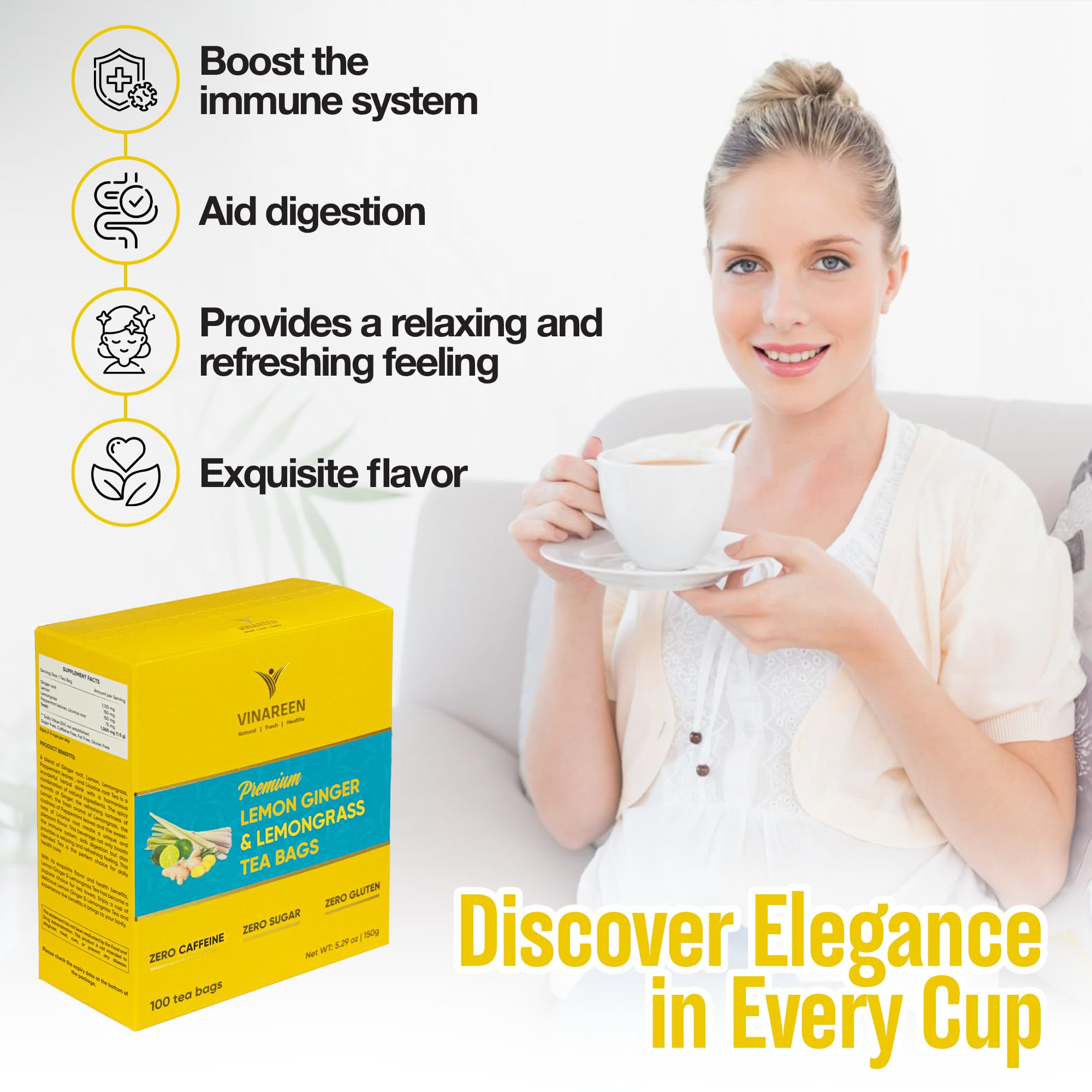 Amazon.com : VINAREEN Lemon Ginger Tea Bags, 100 Count – Natural