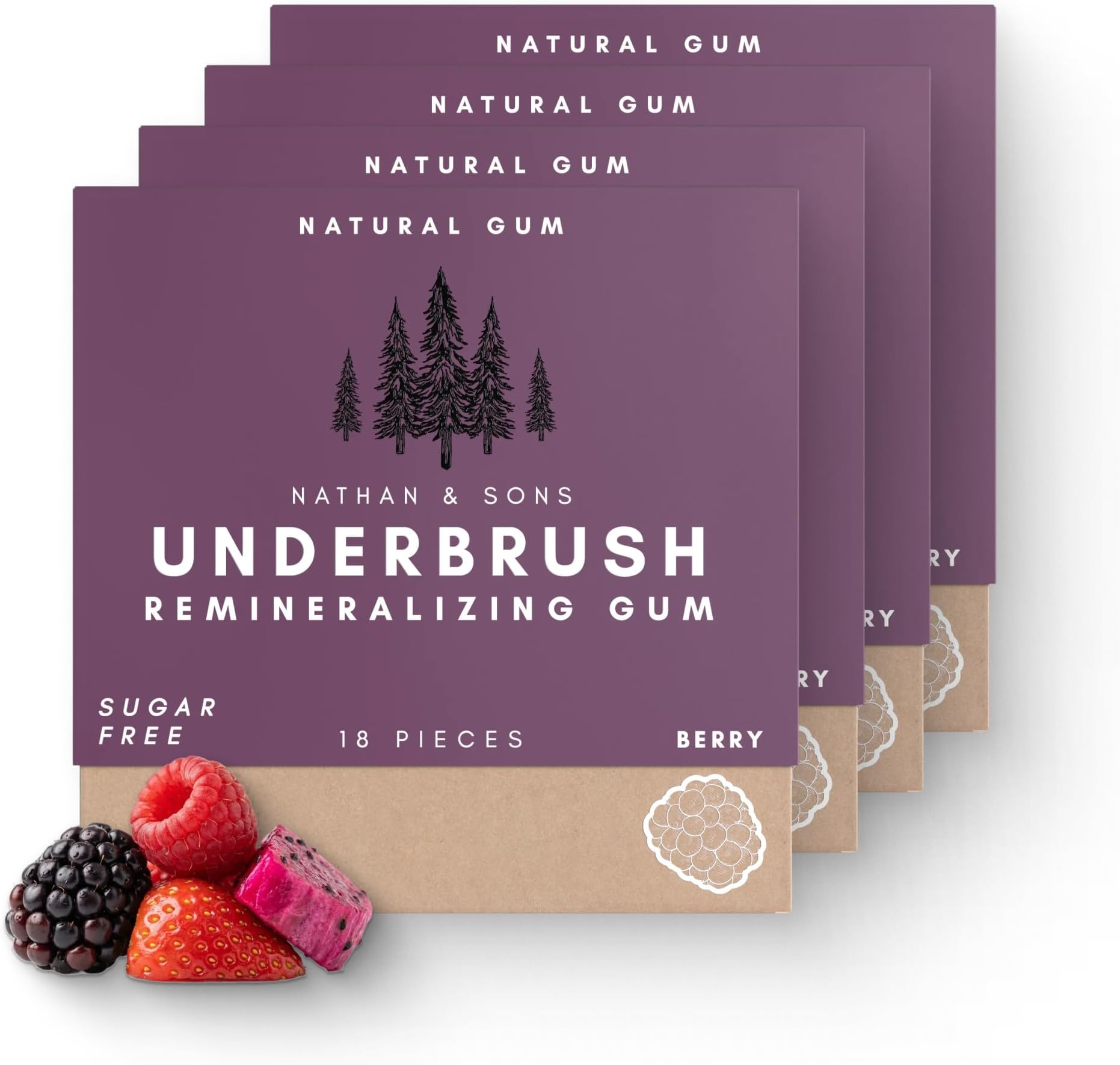 Underbrush Berry Remineralizing Natural Gum, Sugar Free Xylitol Gum with Hydroxyapatite, Supports Fresh Breath and Oral Health, Tree Sap Base, Gluten Free, No Sucralose or Aspartame, 4 Pack