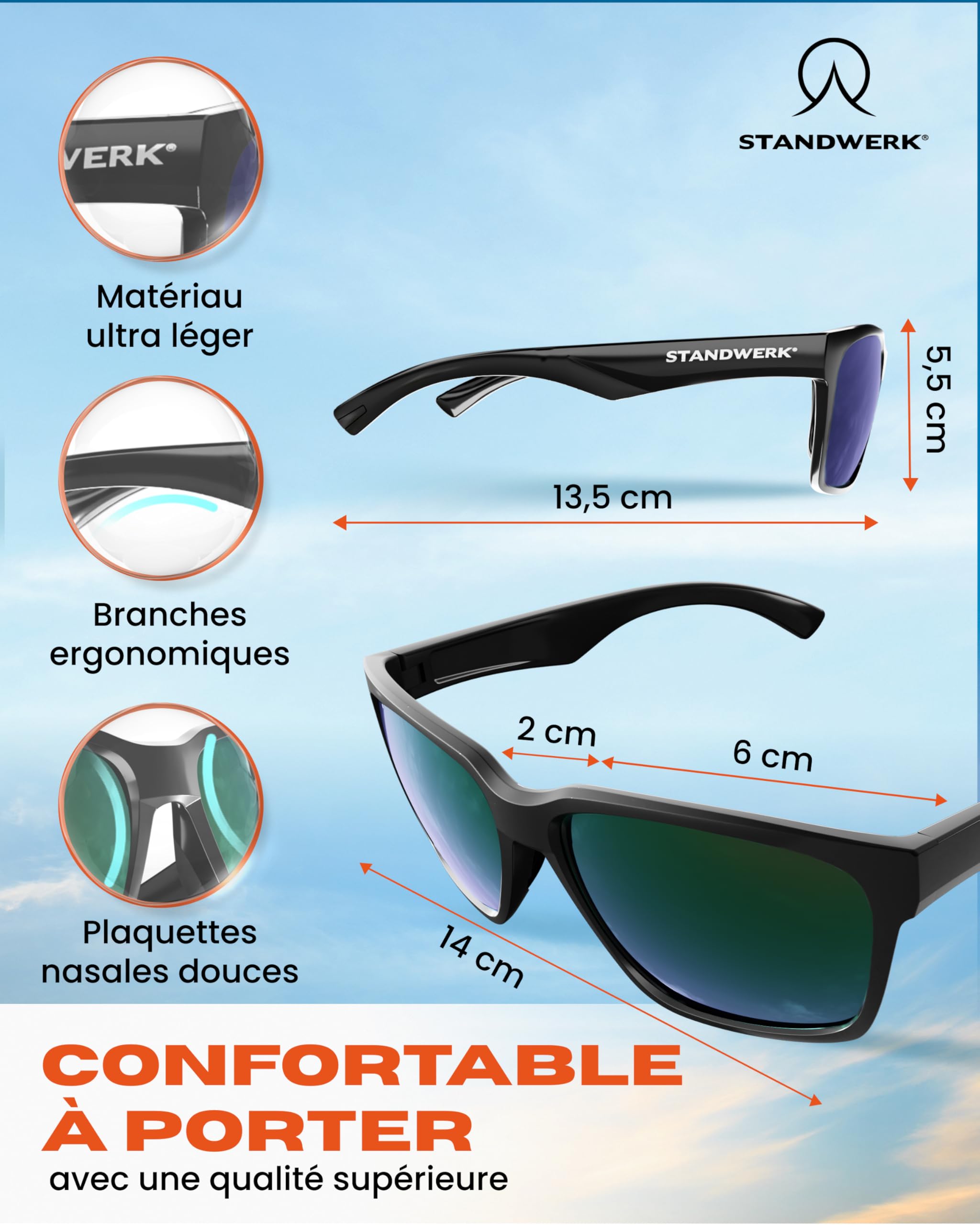 STANDWERK® Lunettes de soleil pour homme - Polarisées et protection UV