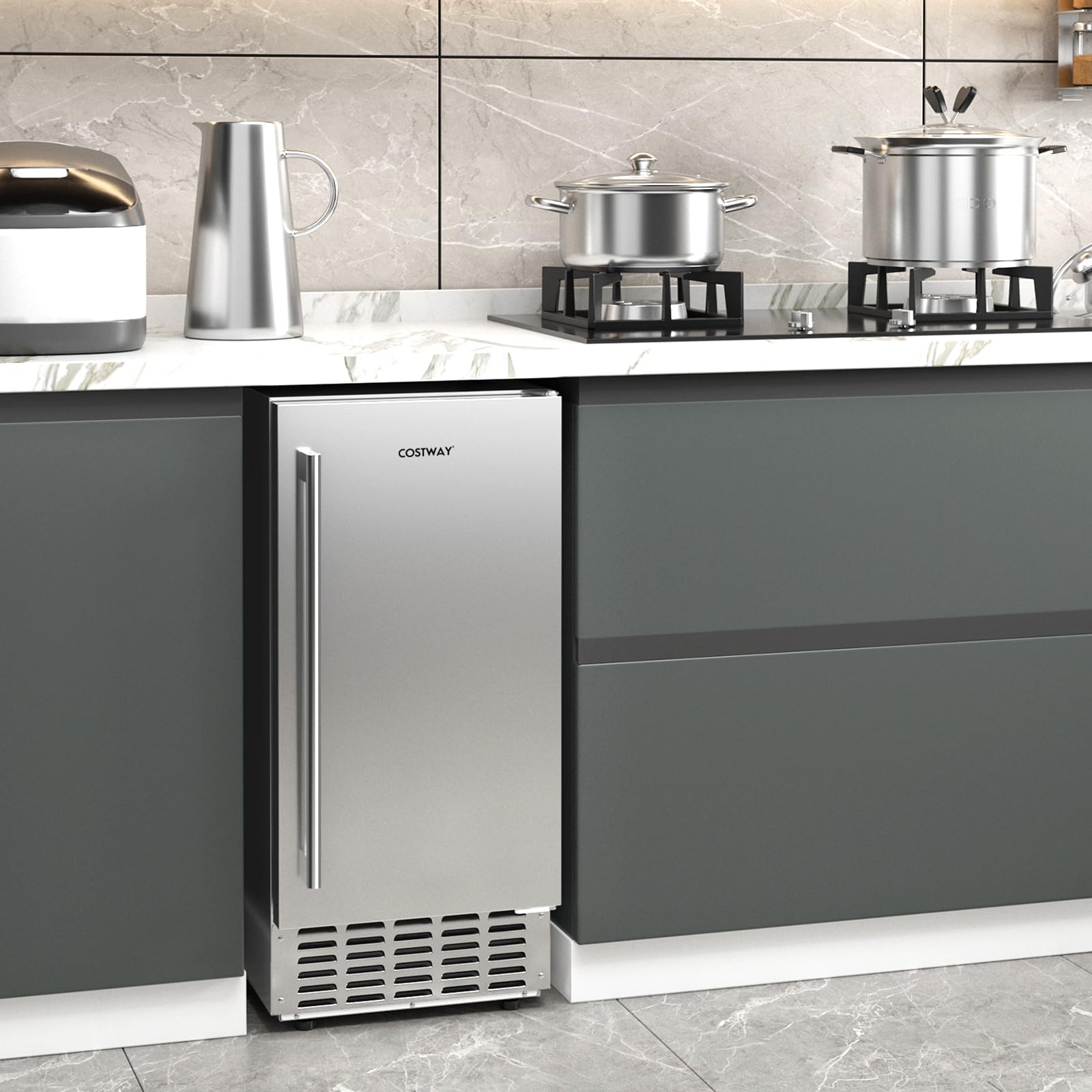 COSTWAY Under Counter Nugget Ice Maker, Built-in Ice Machine w/Self-Cleaning, LCD Control & 24H Timer, 80 lbs/Day, Freestanding Stainless Steel Ice Maker Machine for Commercial & Home Use