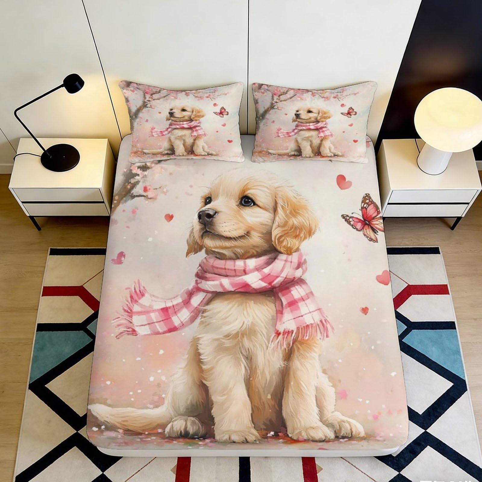 Pnayamiorkfel Style-4 3D Printed Cute Puppy Fitted Sheet Microfiber Soft Bedroom Decor Butterfly Heart Mattress Cover For All Ages 90X200x25cm