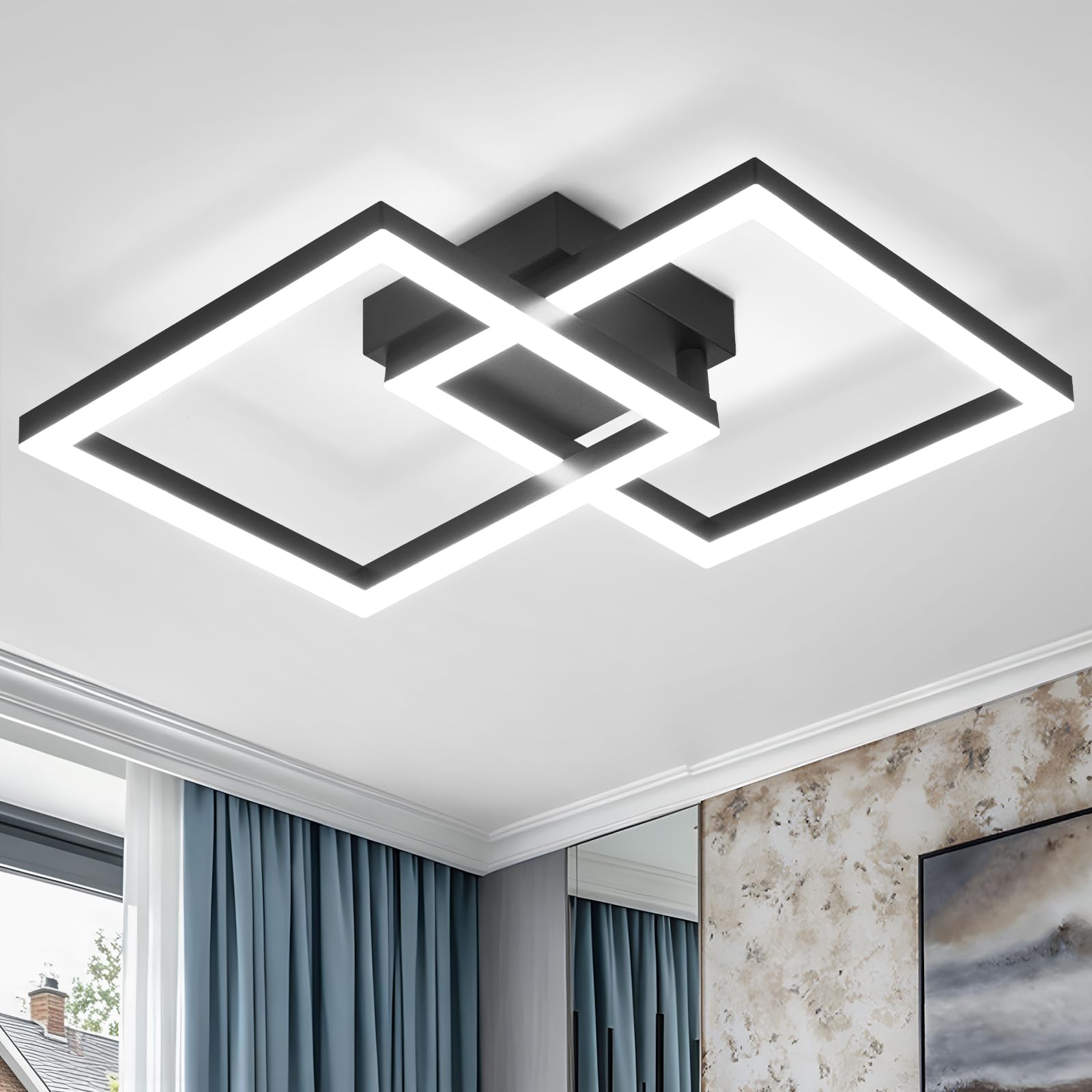 Modern Ceiling Light LED 22W 47cm Cool White Light 6500K Square Black Ceiling Lights fixtures LED for Hallway Office Bedroom Kitchen Living Room Bedroom Entryway Balcony Stair Dining Room (Black)
