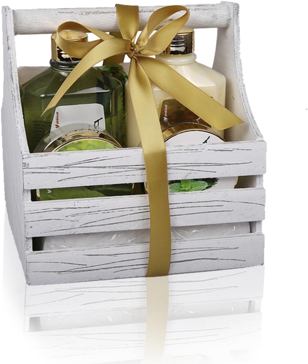 Peppermint Bath & Body Care Gift Set – 5pc Scented Stress-Relief Aromatherapy Home Spa Essentials Pamper Kit in Wooden Basket – Argan Oil Shower Gel, Lotion, Scrub, Salts & Exfoliating Sponge