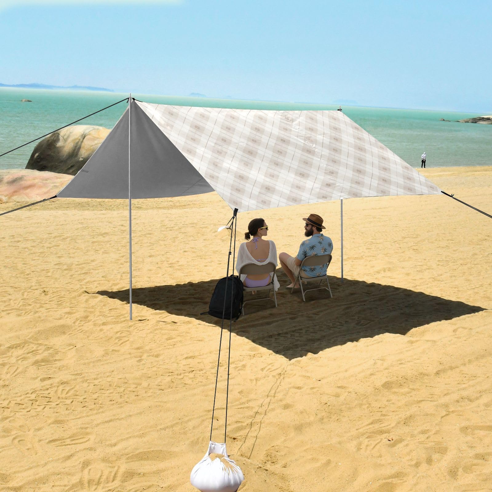 Grand pare-soleil pliable avec poches de sable pour camping, pique-nique, jardin et pêche - Beige et blanc - UPF50