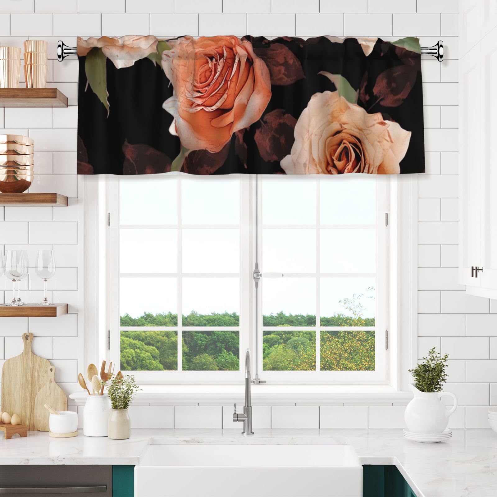 NONHAI Black Peach Rose Valances for Windows Short Curtains Rod Pocket Cafe Window Treatments Valance Curtains for Kitchen Bathroom Laundry Basement Windows 54x18inch Blackout Window Valance