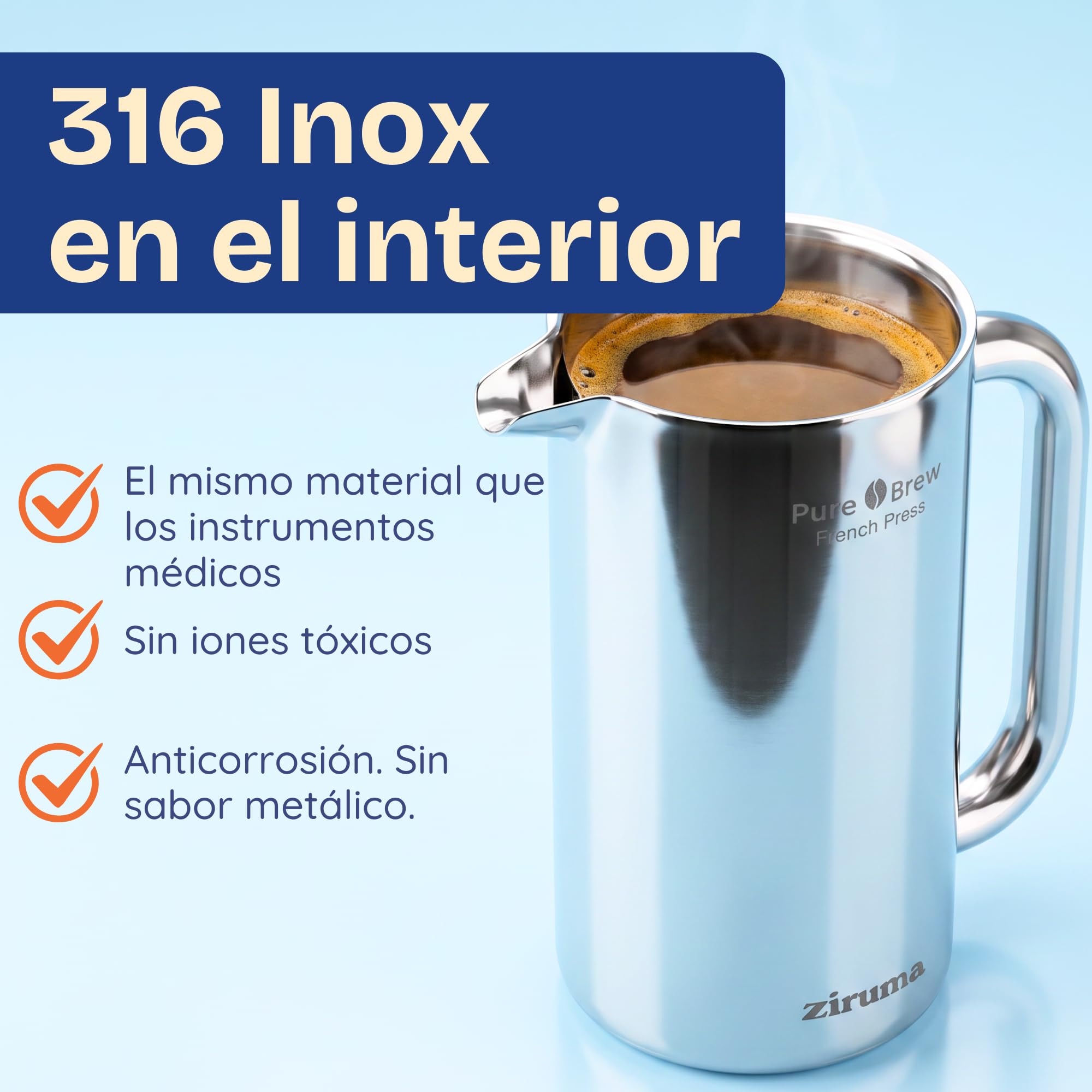 Ziruma No Tóxico Cafetera de Émbolo Acero, Sin Plástico, Doble Pared, 1L