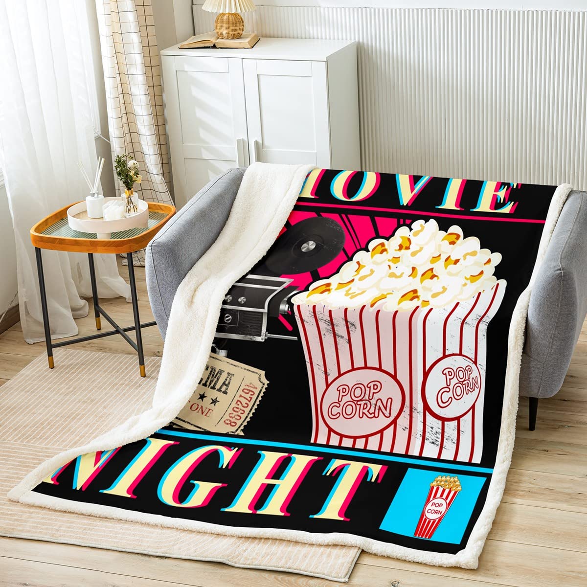 Loussiesd Coperta in pile popcorn per cinema, poster cinematografici, per bambini, cinema, peluche, coperta vintage, cinema, film, sfocata, decorazione camera da letto, 200 x 200 cm
