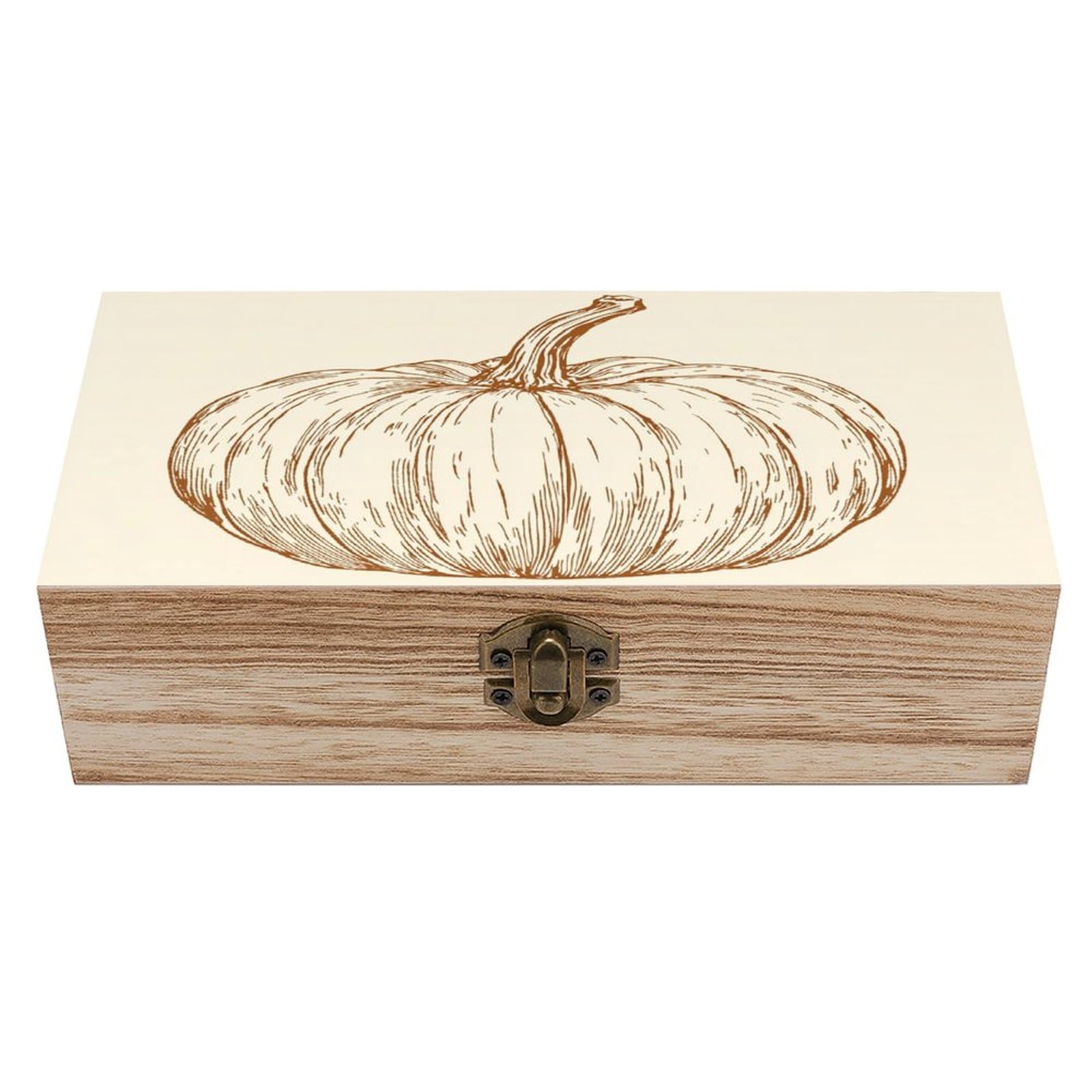 Ahdyr As Pic Pumpkin Line Drawings On Beige Wooden Storage Box With Hinged Lid And Front Clasp Large Keepsake Box