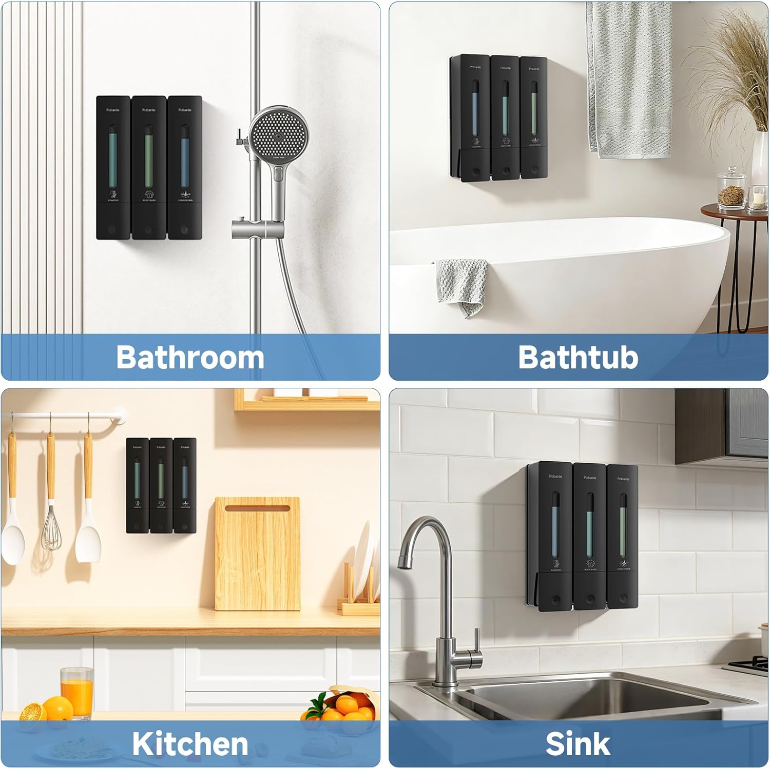 Shampoo and Conditioner Dispenser - Shower Soap Dispenser Wall Mounted No Drill - Shampoo Conditioner Body Wash Dispenser 3 Chamber - Easy Install for Bathroom Hotel Black 1200ml