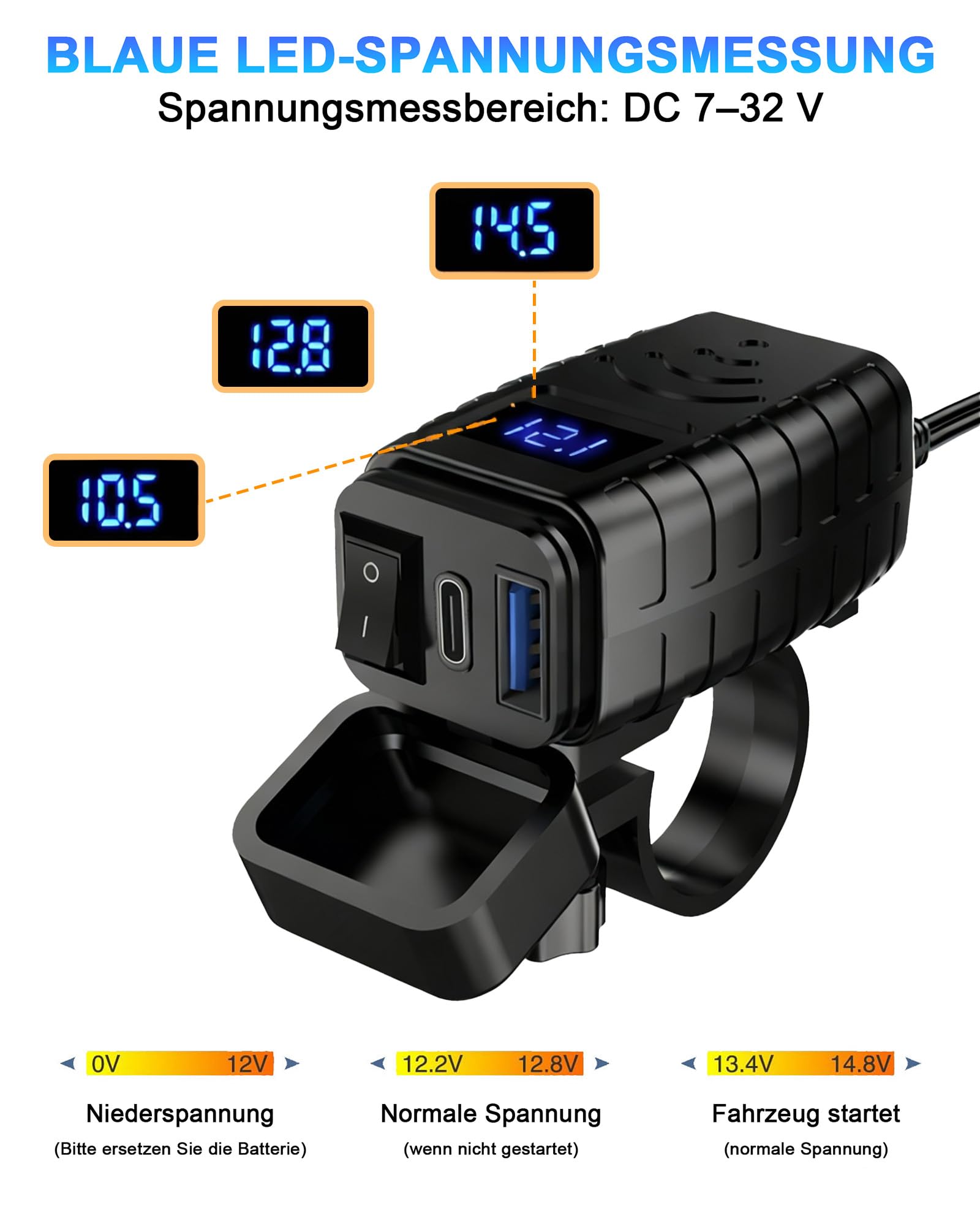 Prise USB Moto Etanche 12V: Chargeur USB Moto QC3.0 USB & PD Type C Accessoire Moto Prise USB Moto Avec Voltmètre et Interrupteur Marche pour 12V~24V Voiture/Camping-Car/Véhicule/Bateau