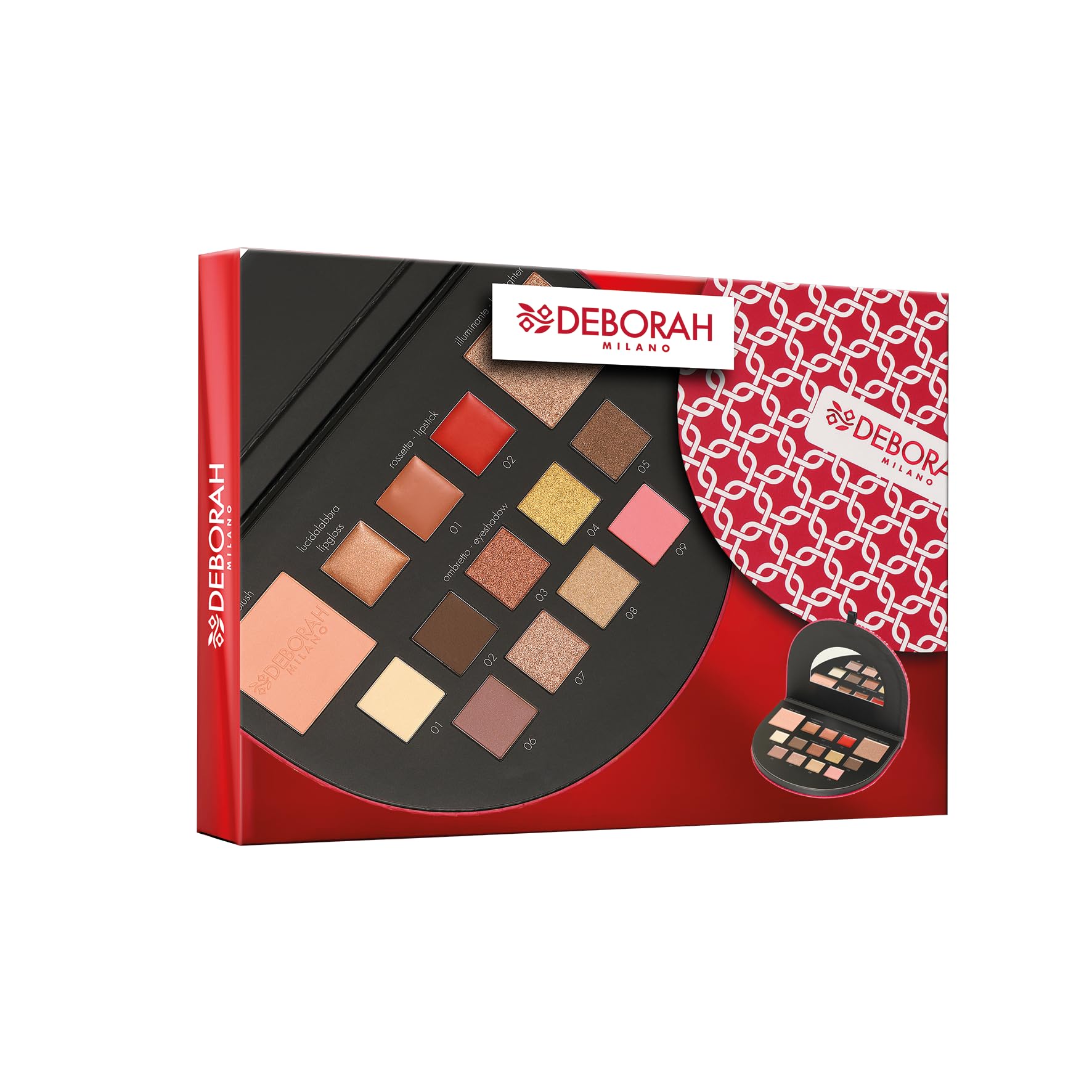 Deborah Milano - Trousse Set Regalo Donna Make Up Beauty Gift n.1 Mini Toni Caldi, Include Palette di Ombretti, Gloss, Rossetti e Polveri Viso dai diversi Finish e Colori, in Carta FSC