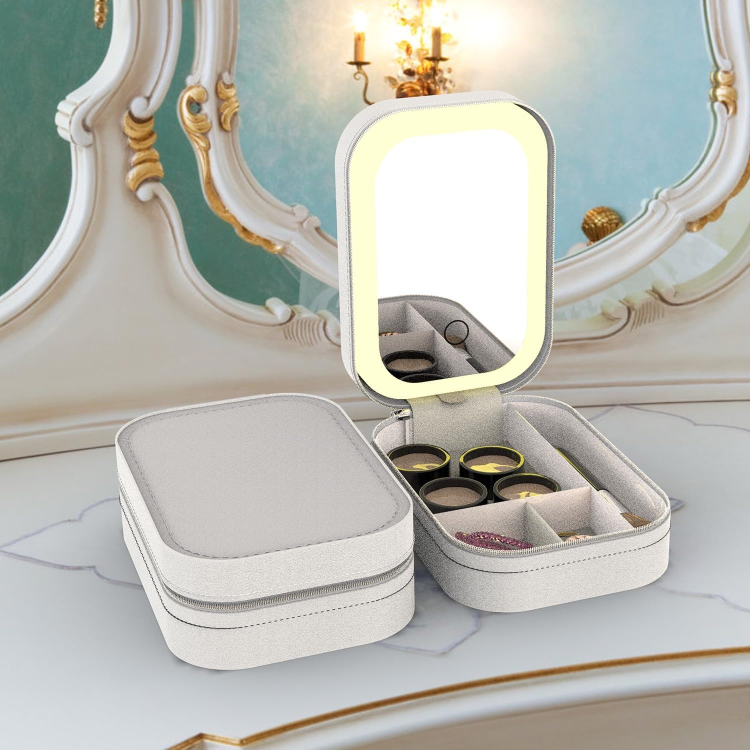 Travel Makeup Mirror with Light,Portable Makeup Bag with LED Mirror,Compact Lighted Beauty Mirror,3 Color Light Settings Cosmetic Case,Jewelry Organizer and Multi-Compartment Storage Box for Women image 3