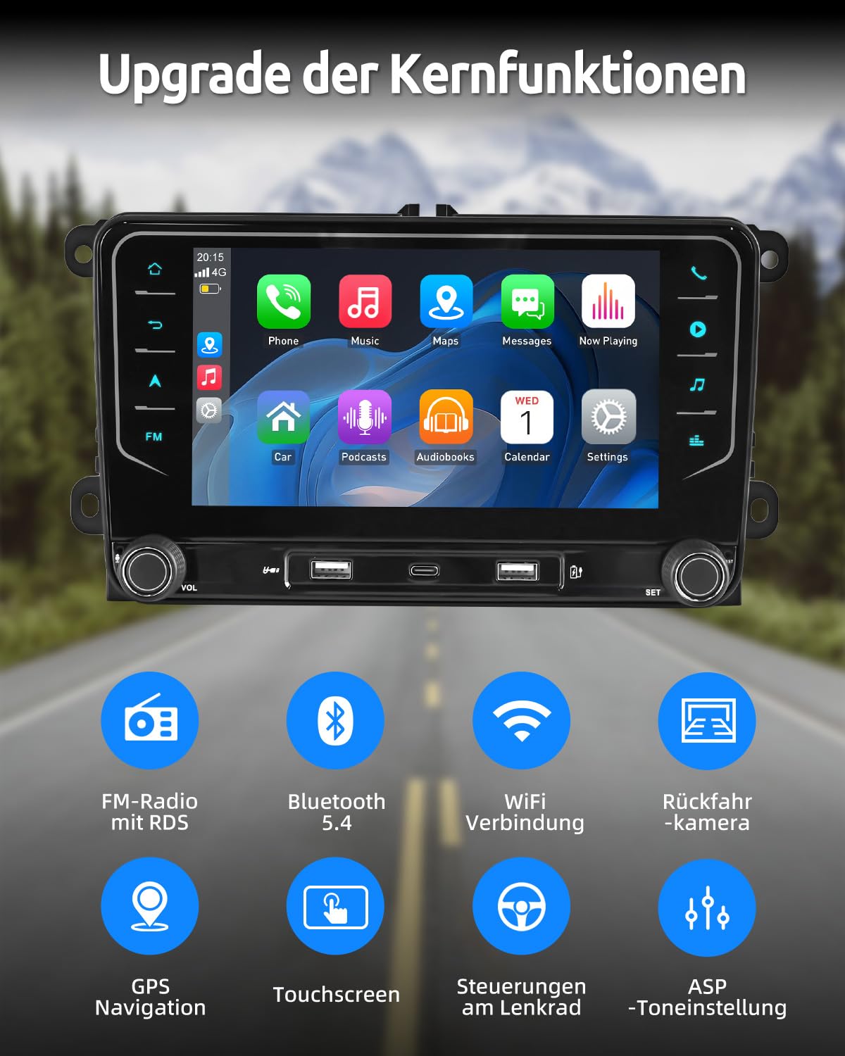 ESSGOO Android 15 4+64G Autoradio mit Wireless Carplay und Android Auto Für Volkswagen Golf 5 6 Plus Tiguan EOS Passat Polo, 7 Zoll Auto Radio Display mit Bluetooth, Mirror Link, AM, FM, SWC