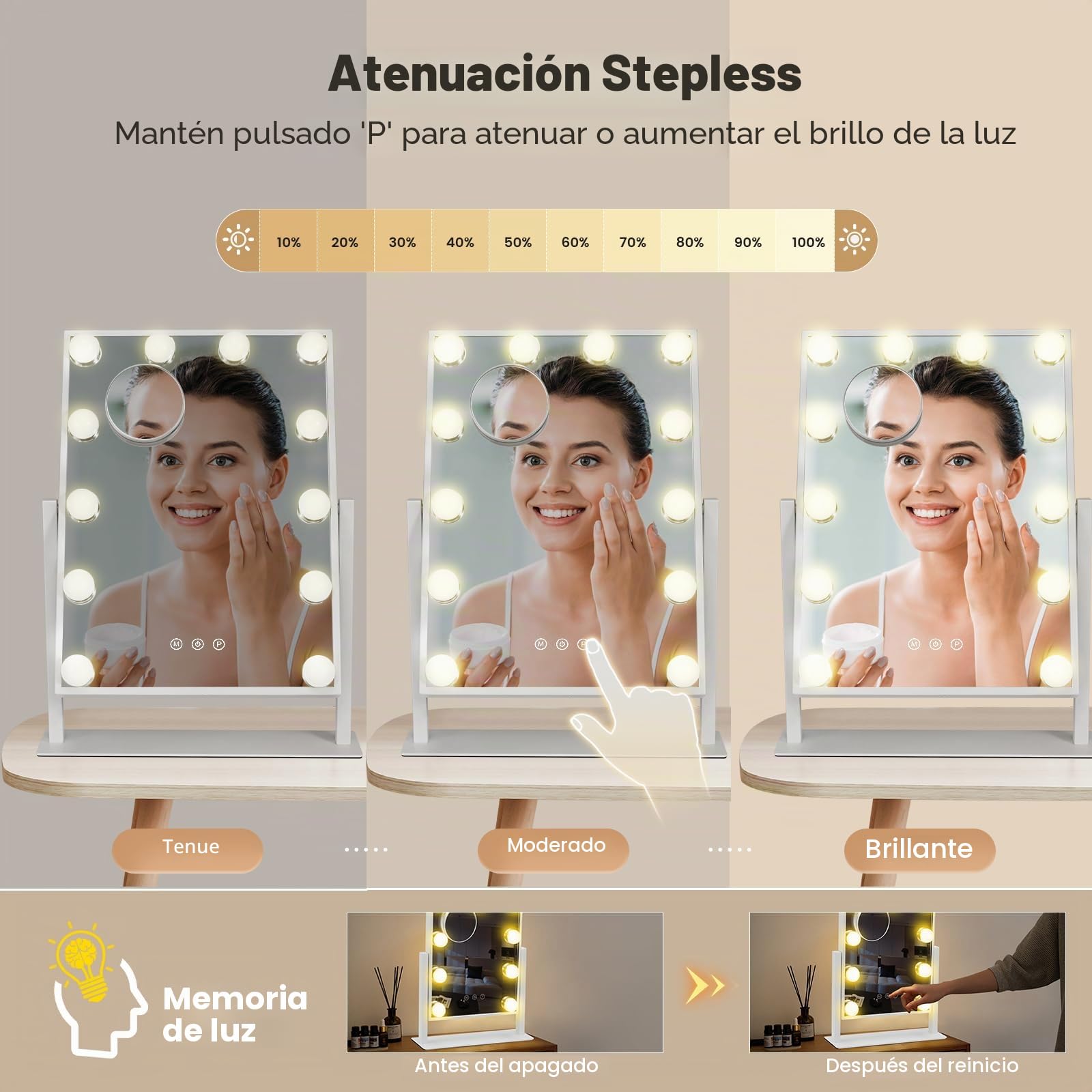 Espejo Hollywood con iluminación LED Tipo C y Puerto de Carga USB 12 Luces atenuadoras Espejo de Maquillaje con 3 Modos de luz con iluminación Espejos Hollywood Montaje en Pared Blanco 40x30cm