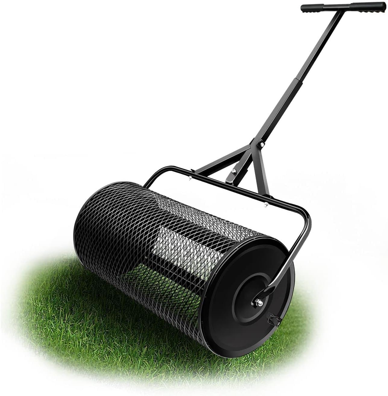 Compost Spreader, 24" Durable Peat Moss Spreader, Lawn Roller, Lightweight Manure Spreaders Roller with T Shaped Handle, Top Soil Spreader for Lawn and Garden, Walk and Push Basket Sifter for Yard