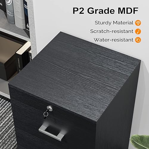 Miniatura 9 de VINGLI Archivador pequeño con 2 cajones con cerradura archivador de madera para colgar archivos de tamaño carta con pestañas archivador móvil debajo