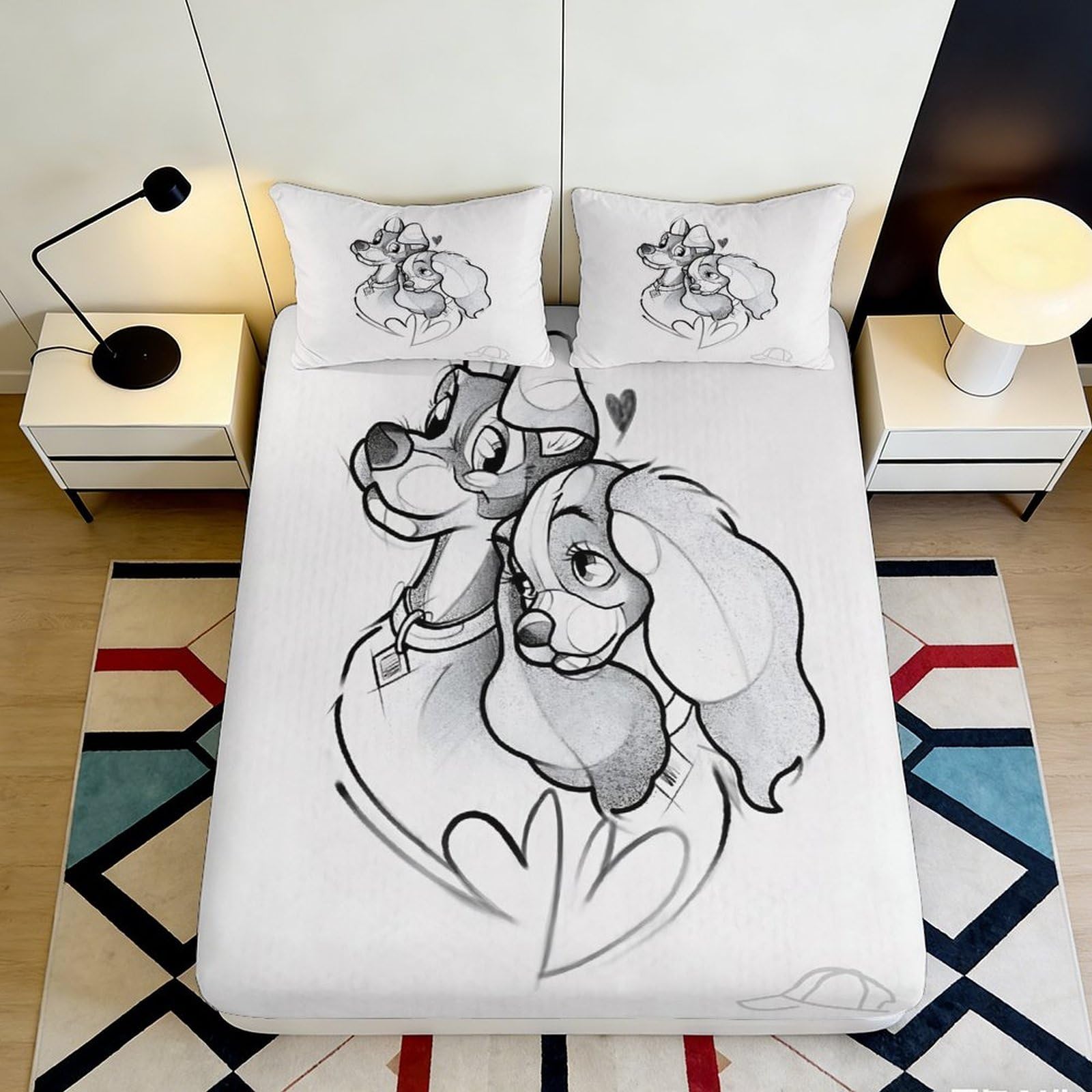 3D Printed Cartoon Dog Couple Fitted Sheet Microfiber Soft Anti-Slip Romantic Sketch Mattress Cover Bedroom Decor 200x200x25cm