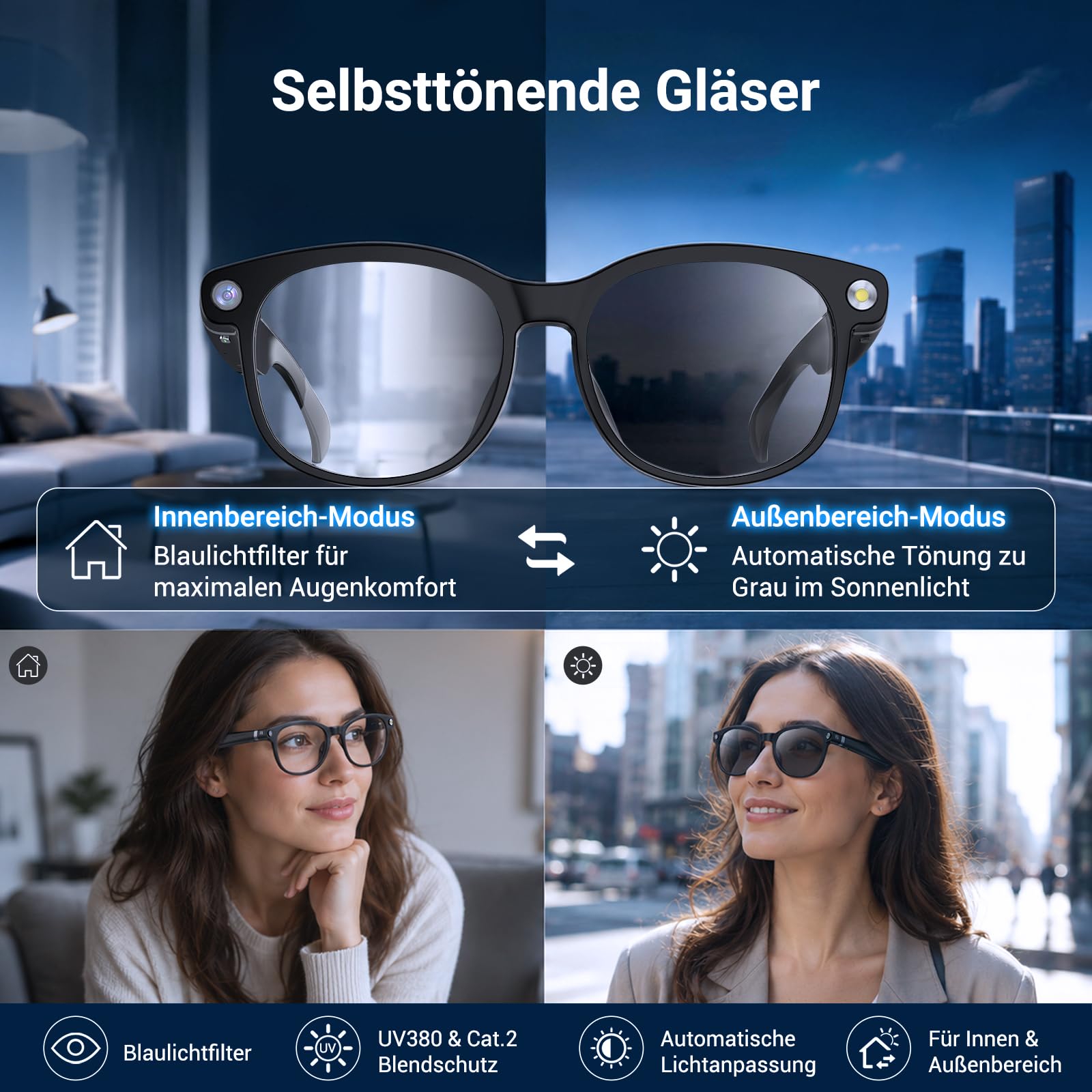 KI Brille mit Kamera, 8MP Kamera, 1080P HD Videoaufnahme mit EIS, Open-Ear Audio, ChatGPT KI, Echtzeitübersetzung, Objekterkennung, selbsttönende Brillengläser mit Blaulicht- und UV-Schutz