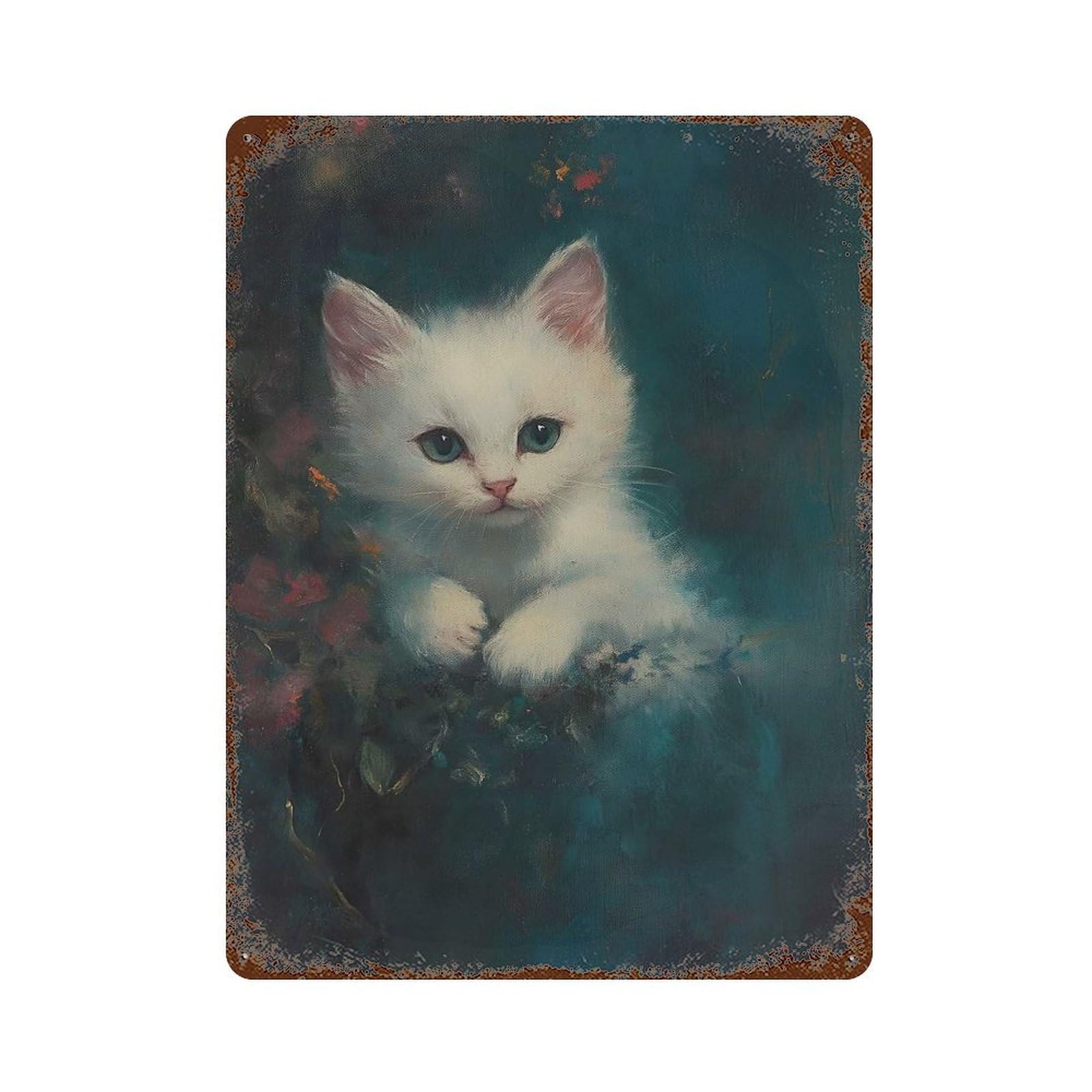 Garage Style White Kitten Portrait Rustic Tin Plaque 15.7"x11.8", Industrial Home Decor for Bar And Workshop