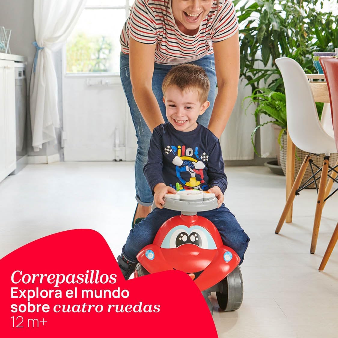 Chicco Billy Walk&Ride First Steps, 2-in-1 Walker and Driving Device, Easy Assembly, Ergonomic Handlebars, Wide Wheels, with Sounds and Driving Light, Recycled Plastic, 12-36 Months, Red